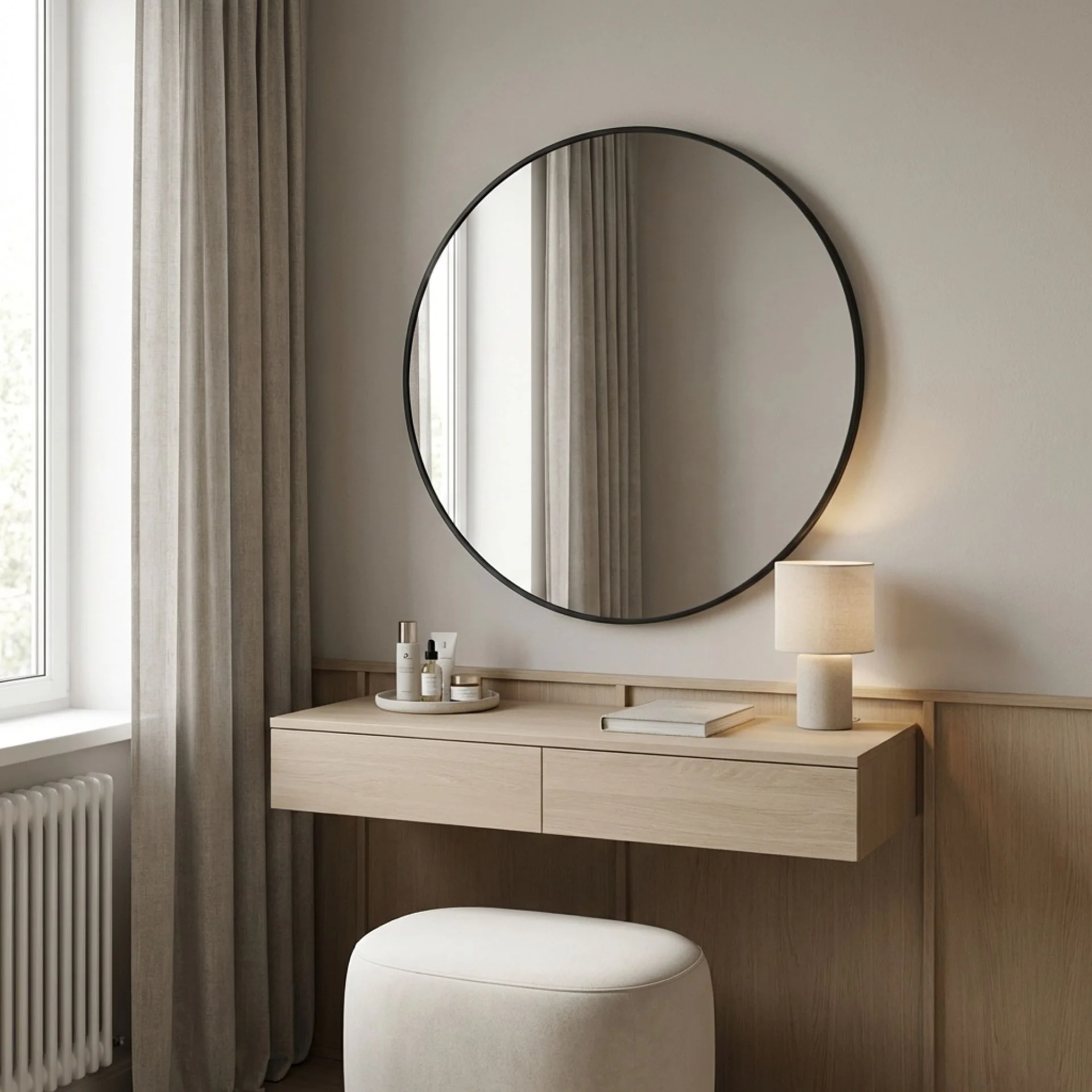 Noir Round Wooden Wall Mirror 90cm - Black