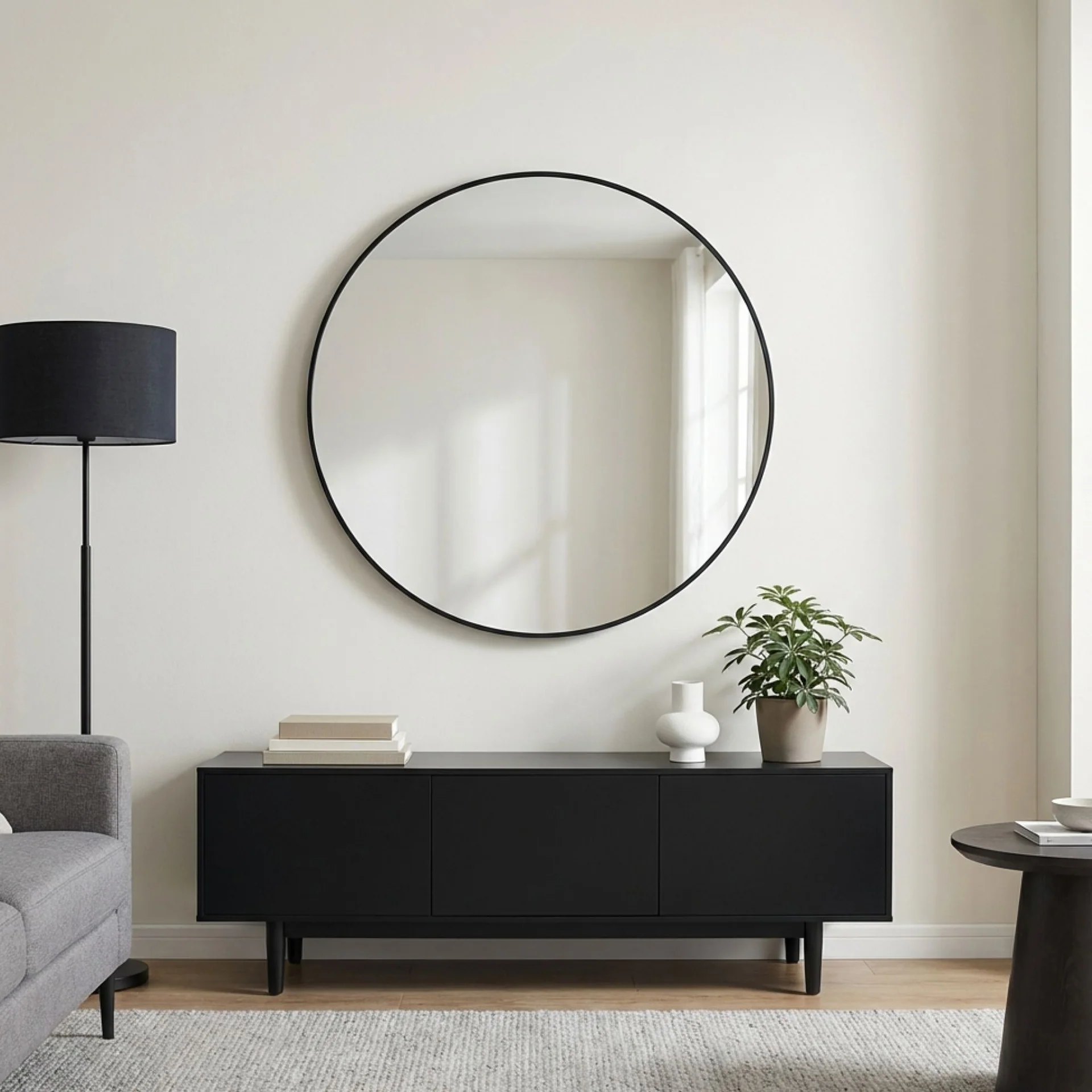 Noir Round Wooden Wall Mirror 90cm - Black - Image 6