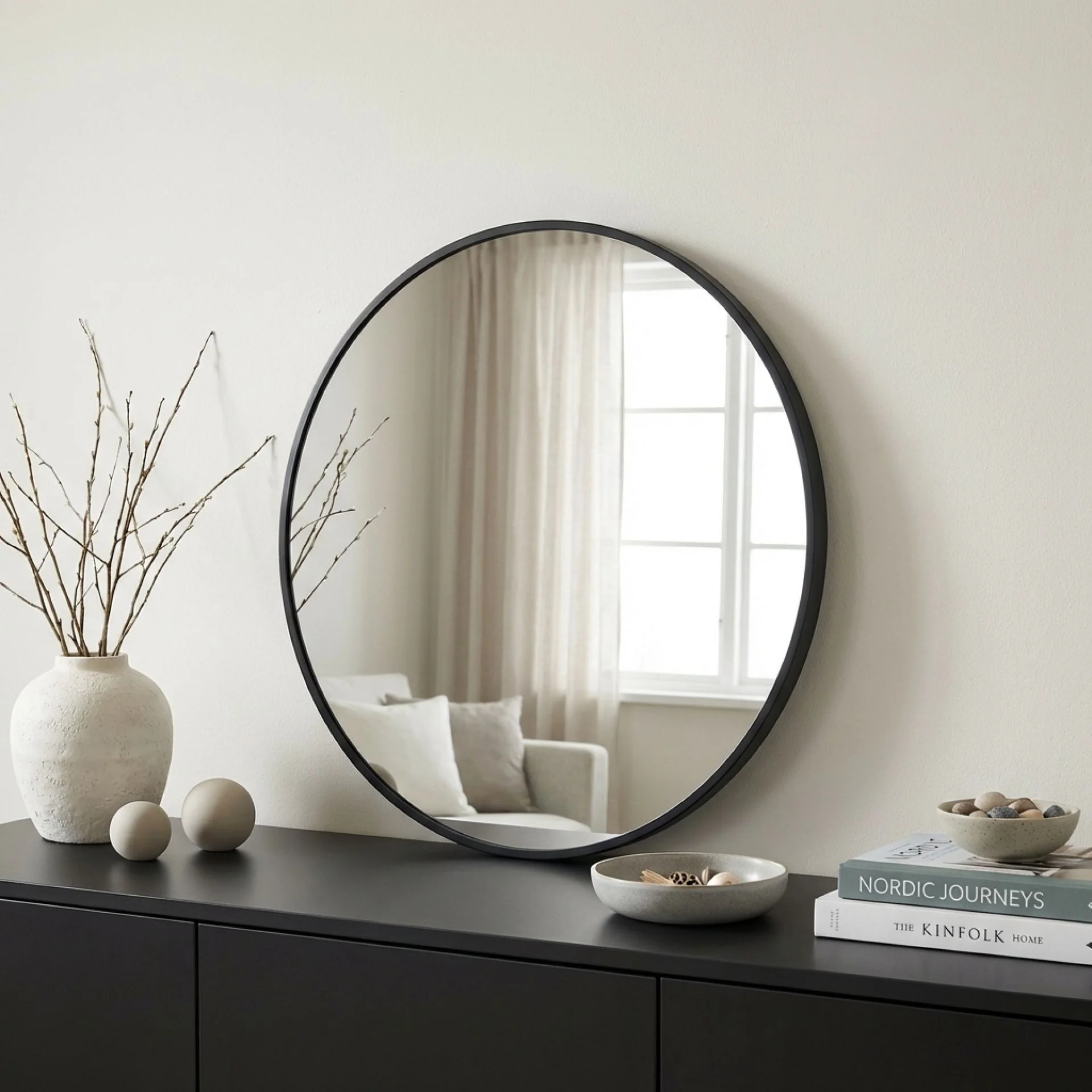 Noir Round Wooden Wall Mirror 50cm - Black