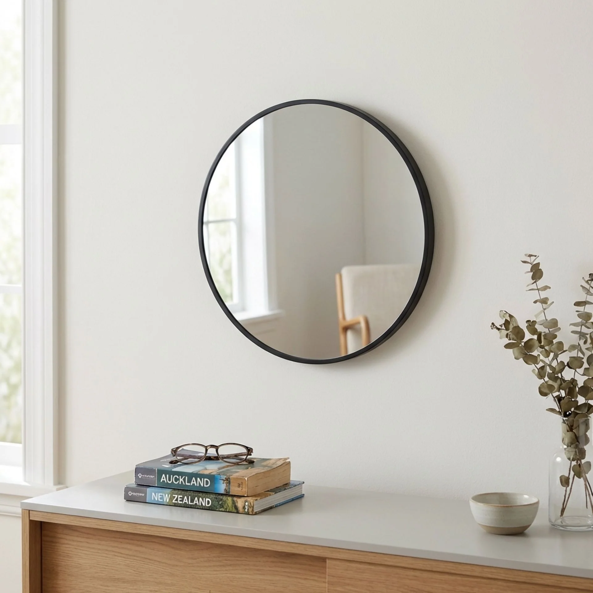Noir Round Wooden Wall Mirror 50cm - Black - Image 4