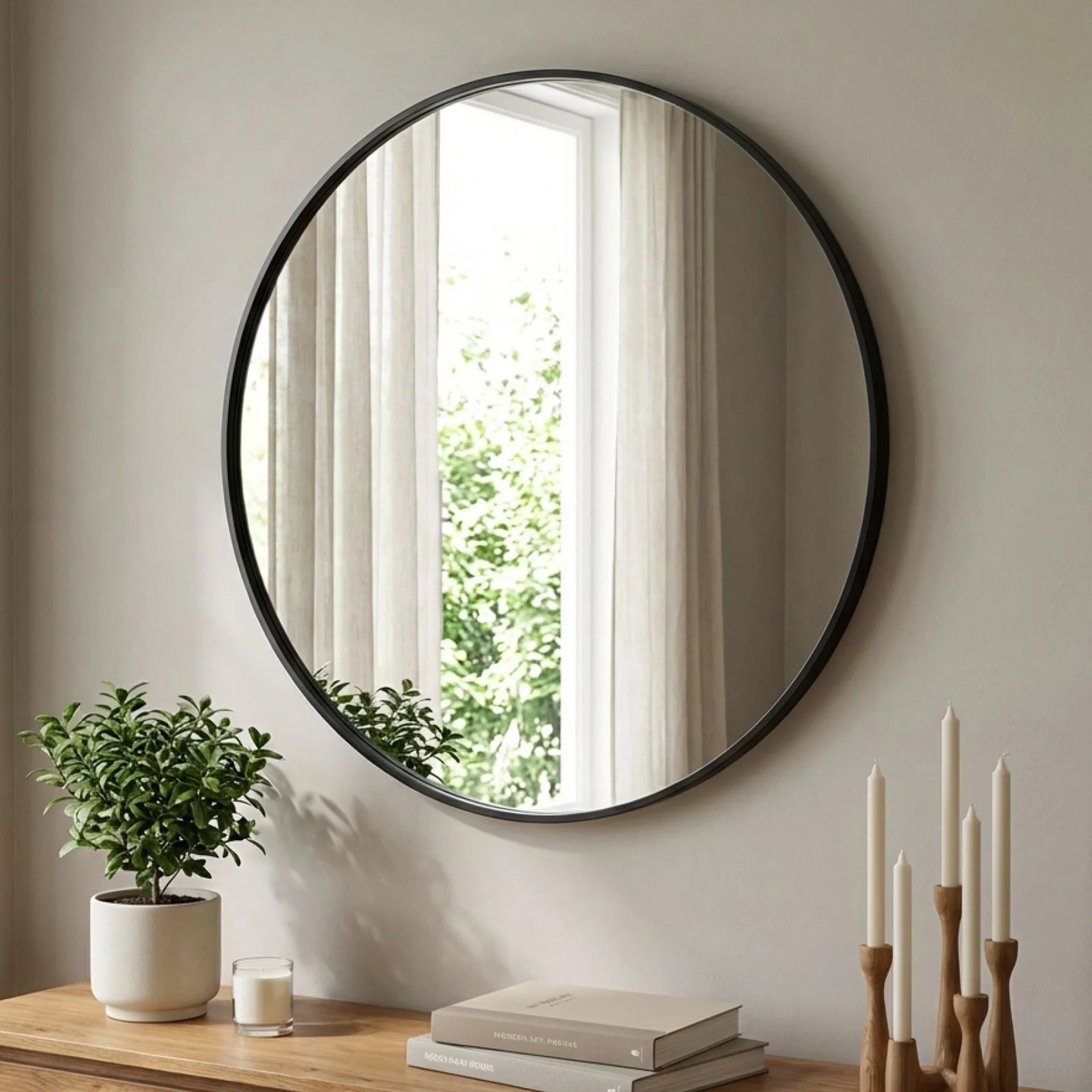 Noir Round Wooden Wall Mirror 60cm - Black