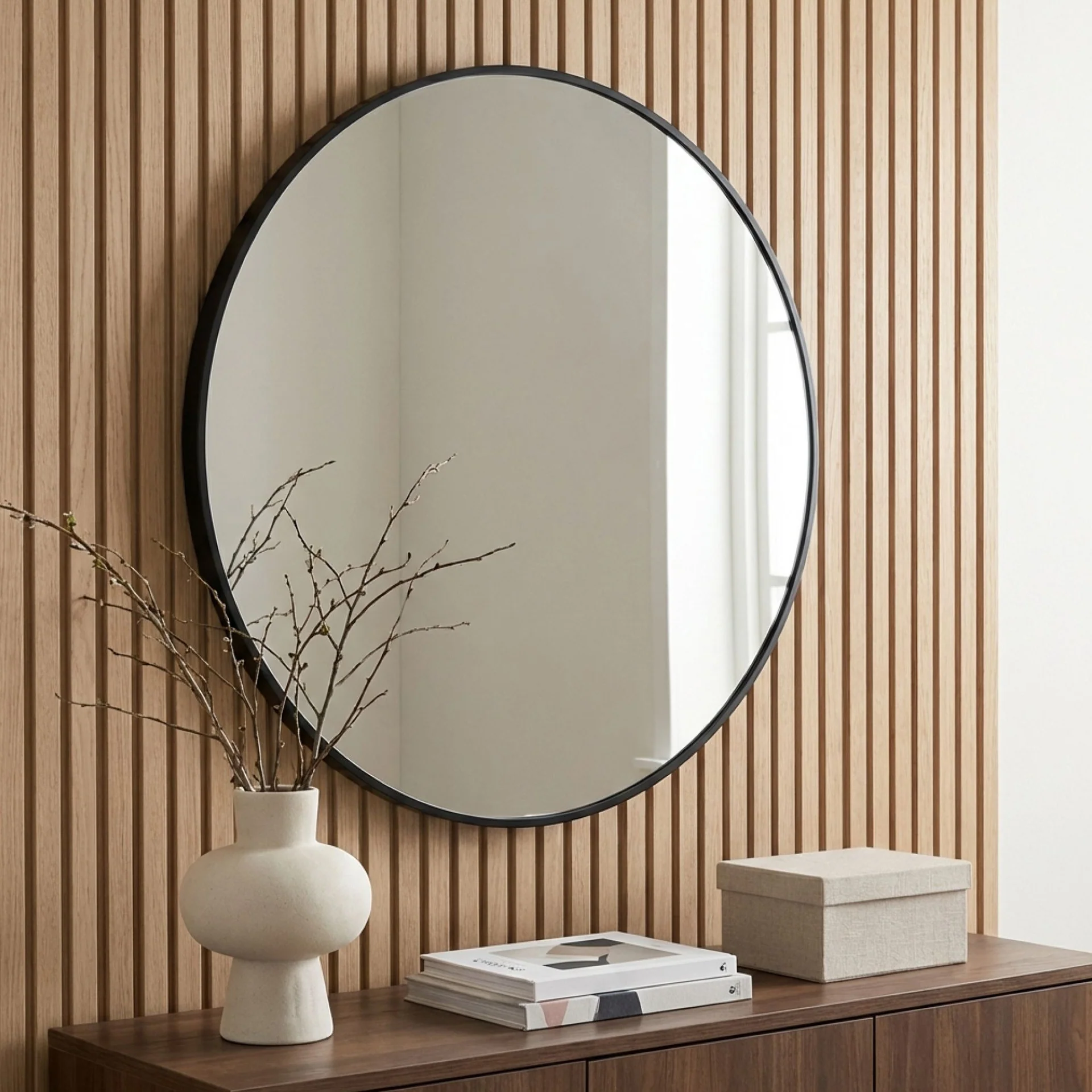 Noir Round Wooden Wall Mirror 60cm - Black - Image 3