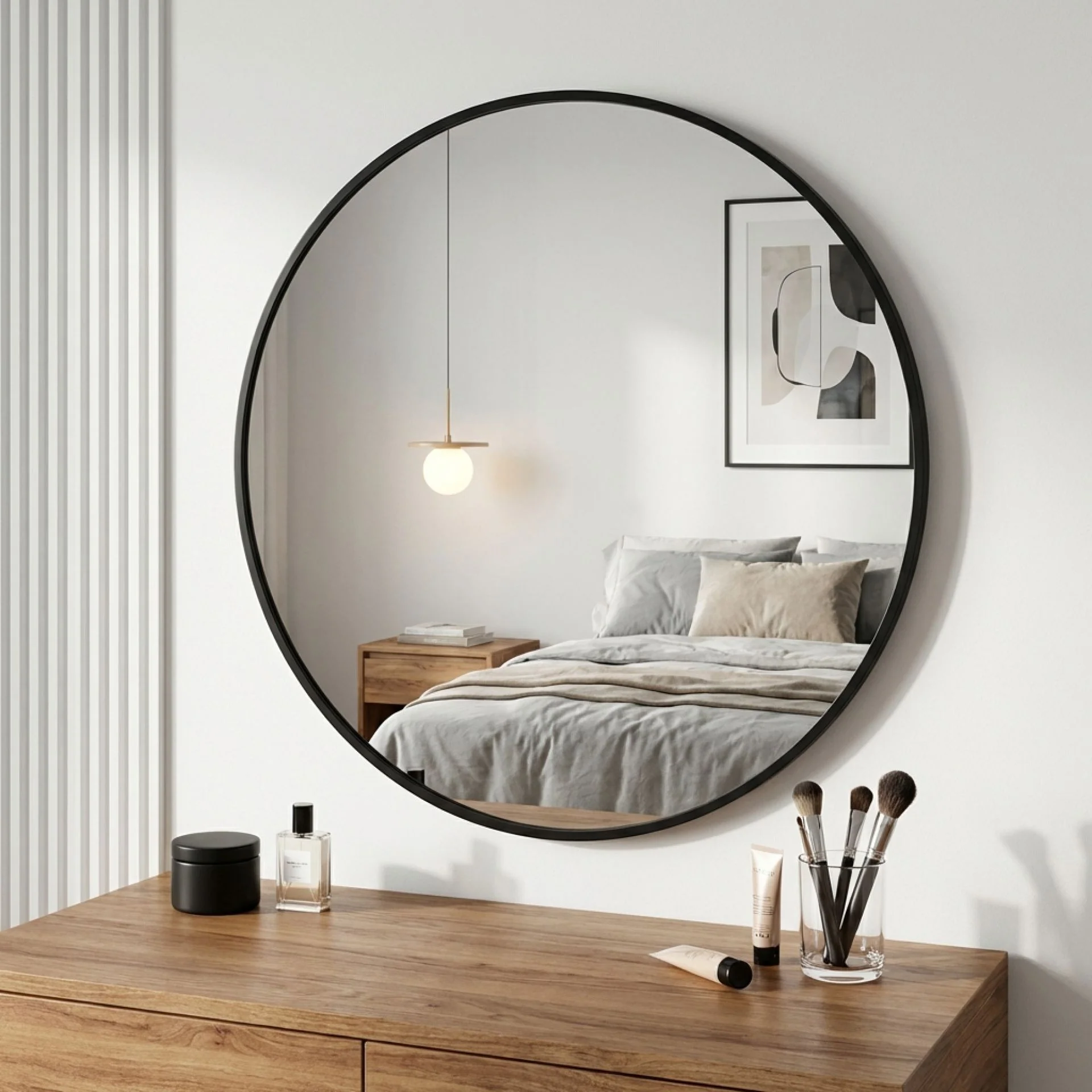 Noir Round Wooden Wall Mirror 70cm - Black