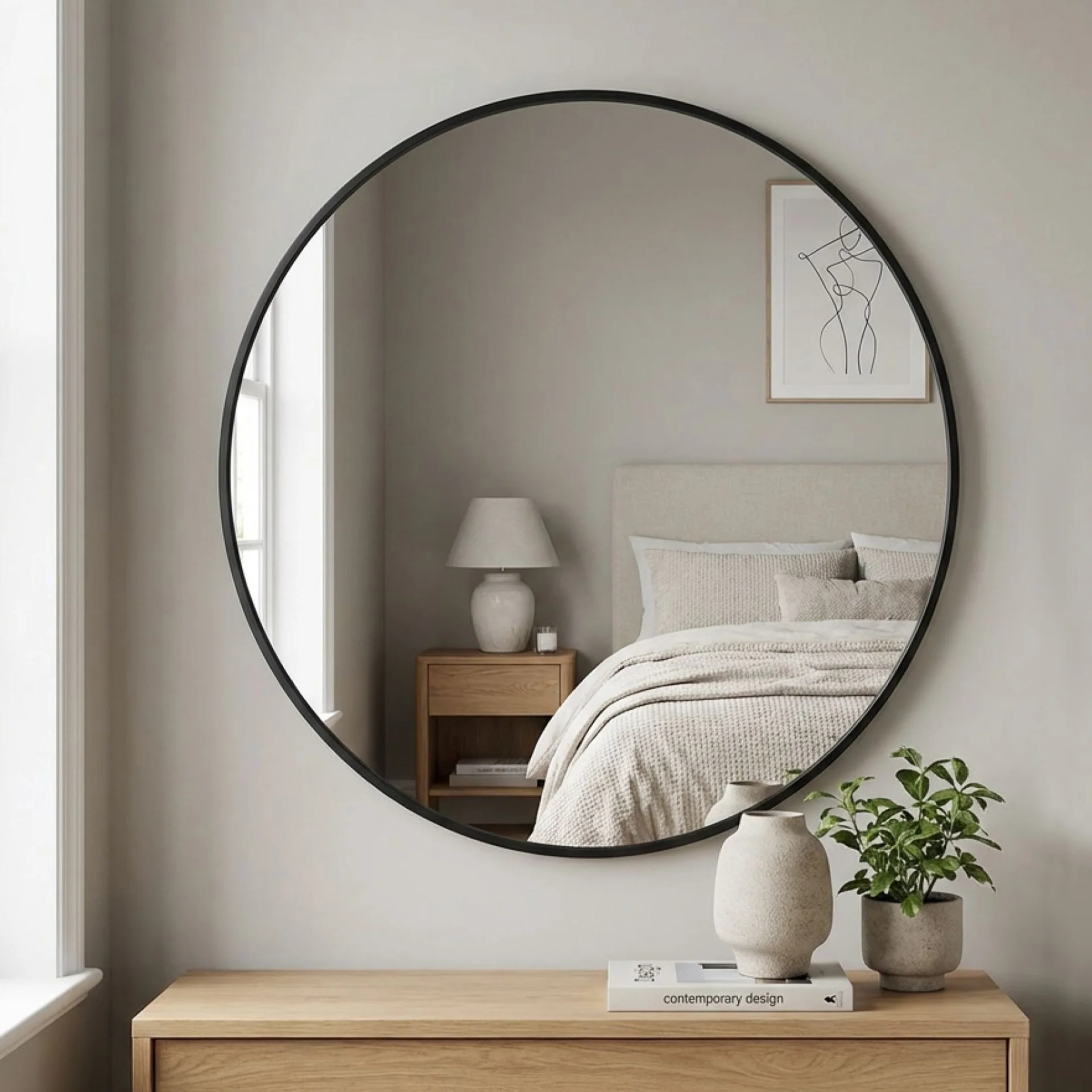 Noir Round Wooden Wall Mirror 70cm - Black - Image 2