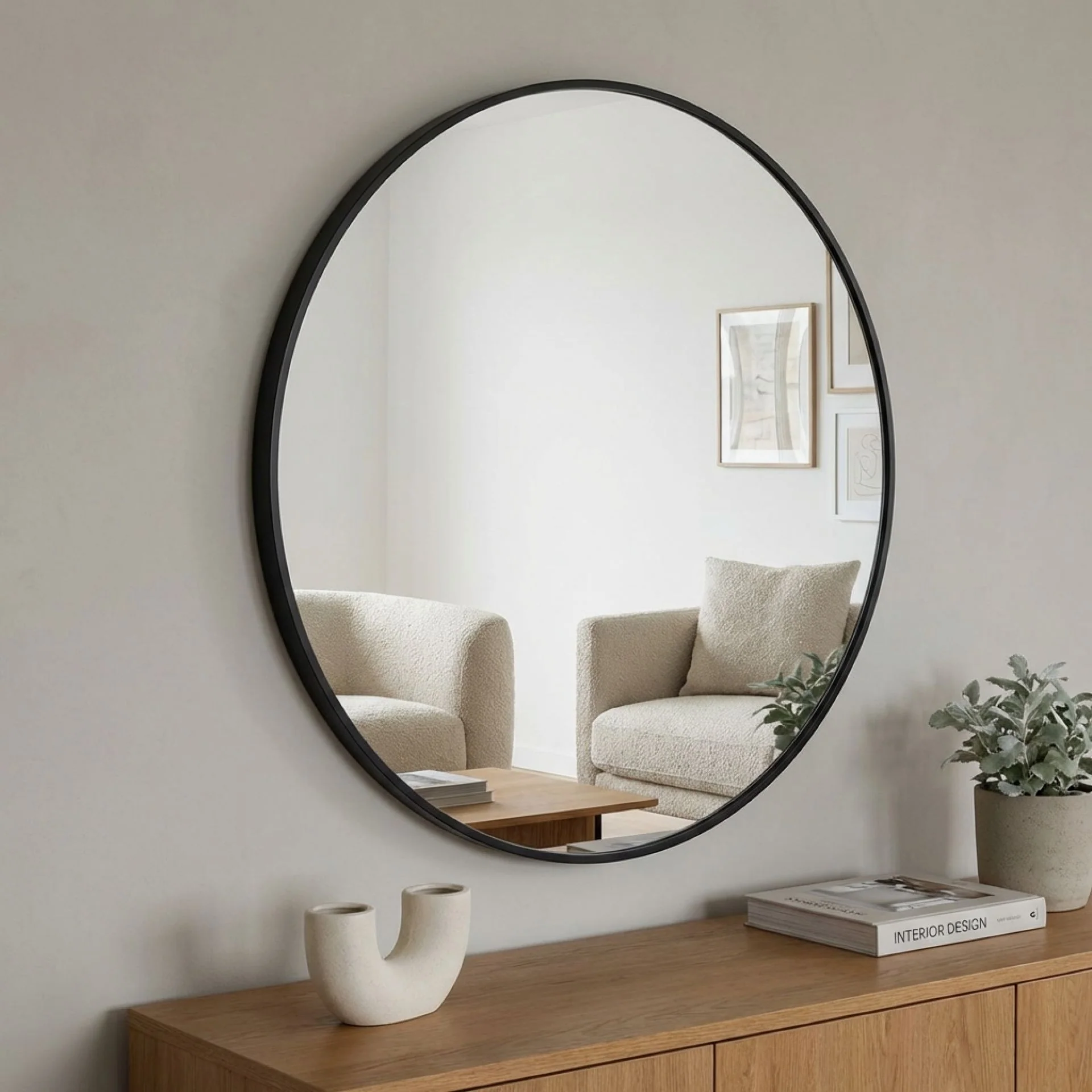 Noir Round Wooden Wall Mirror 70cm - Black - Image 3