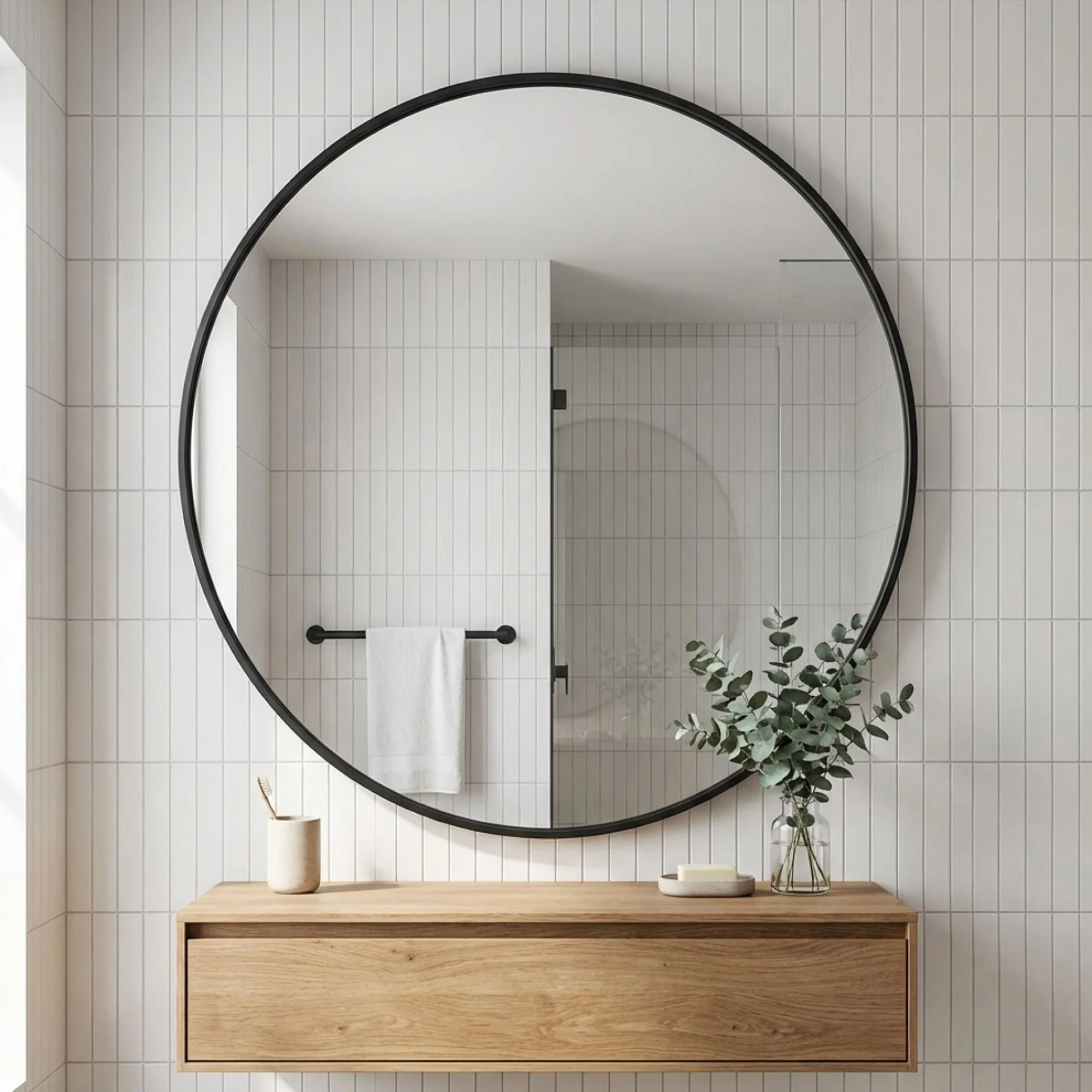 Noir Round Wooden Wall Mirror 70cm - Black - Image 5