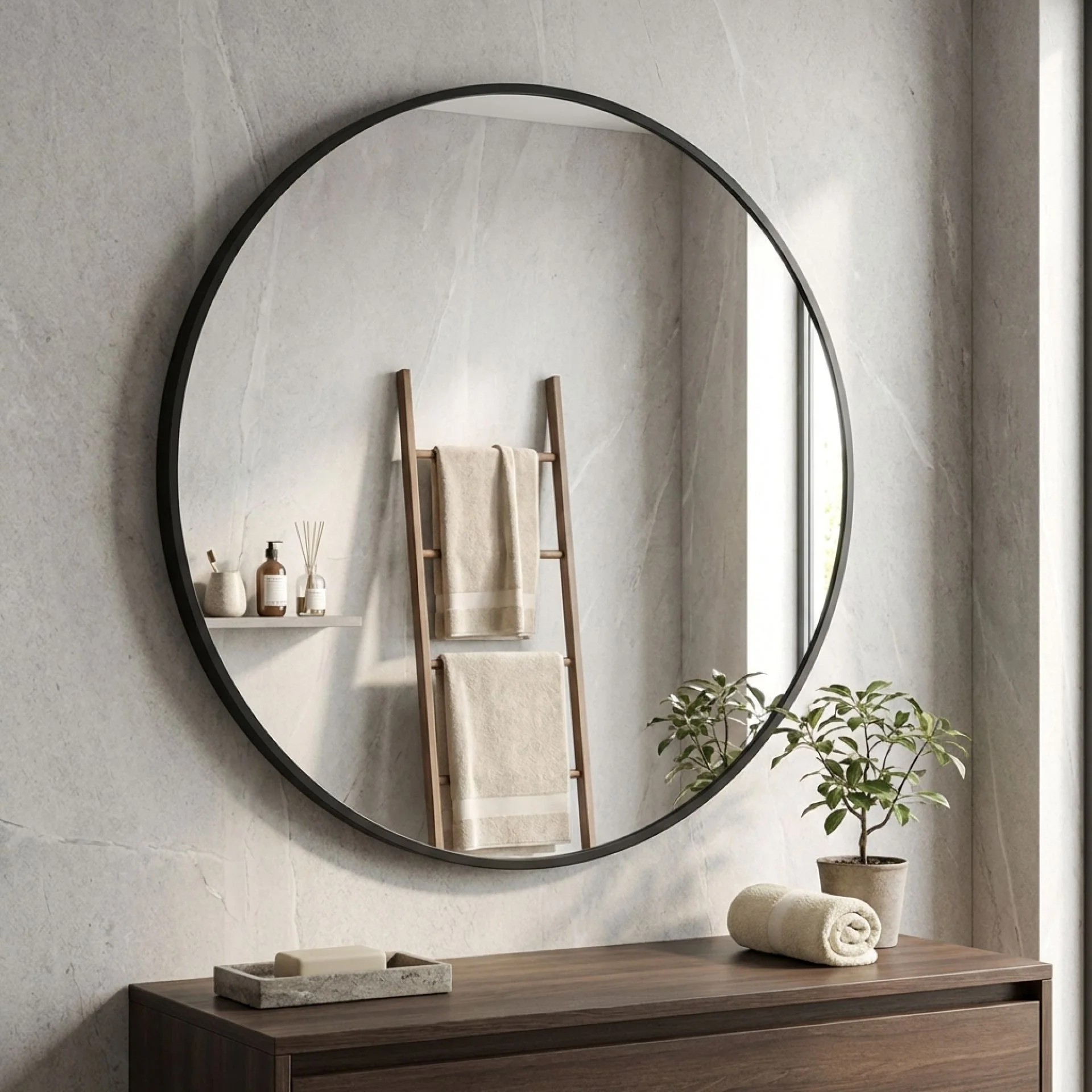 Noir Round Wooden Wall Mirror 70cm - Black - Image 6