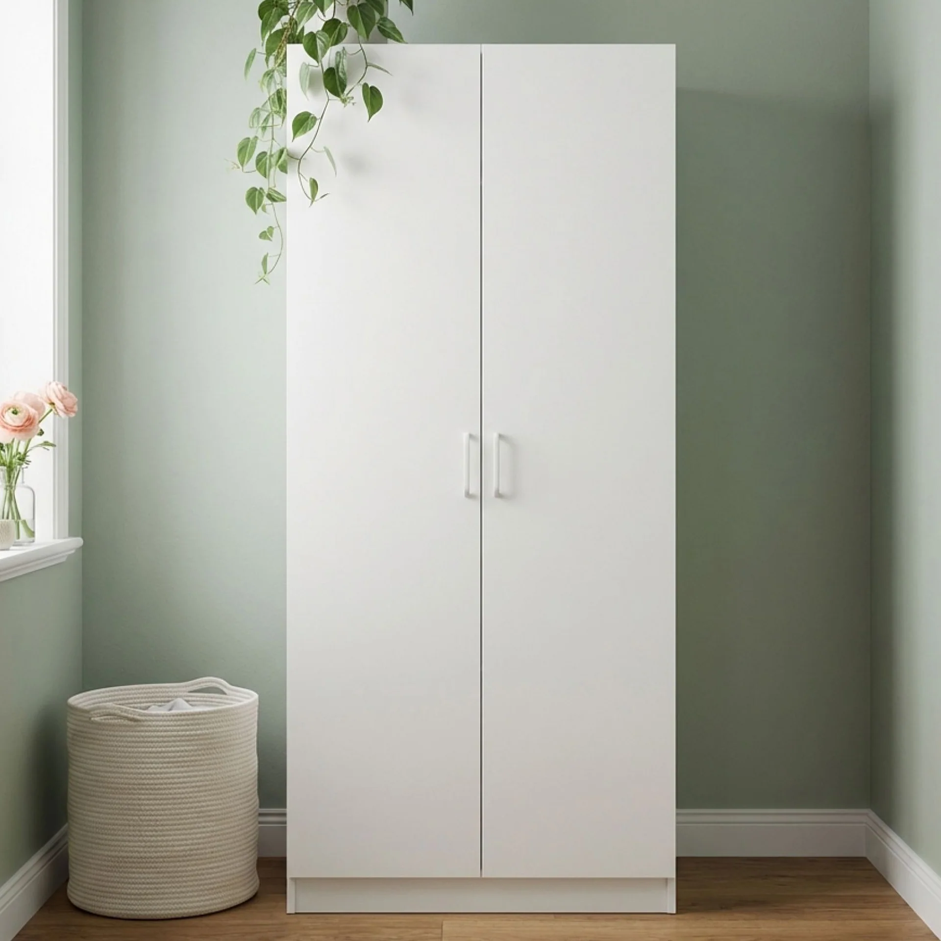 Nordic 2 Door Broom Cupboard 80cm - White - Image 3