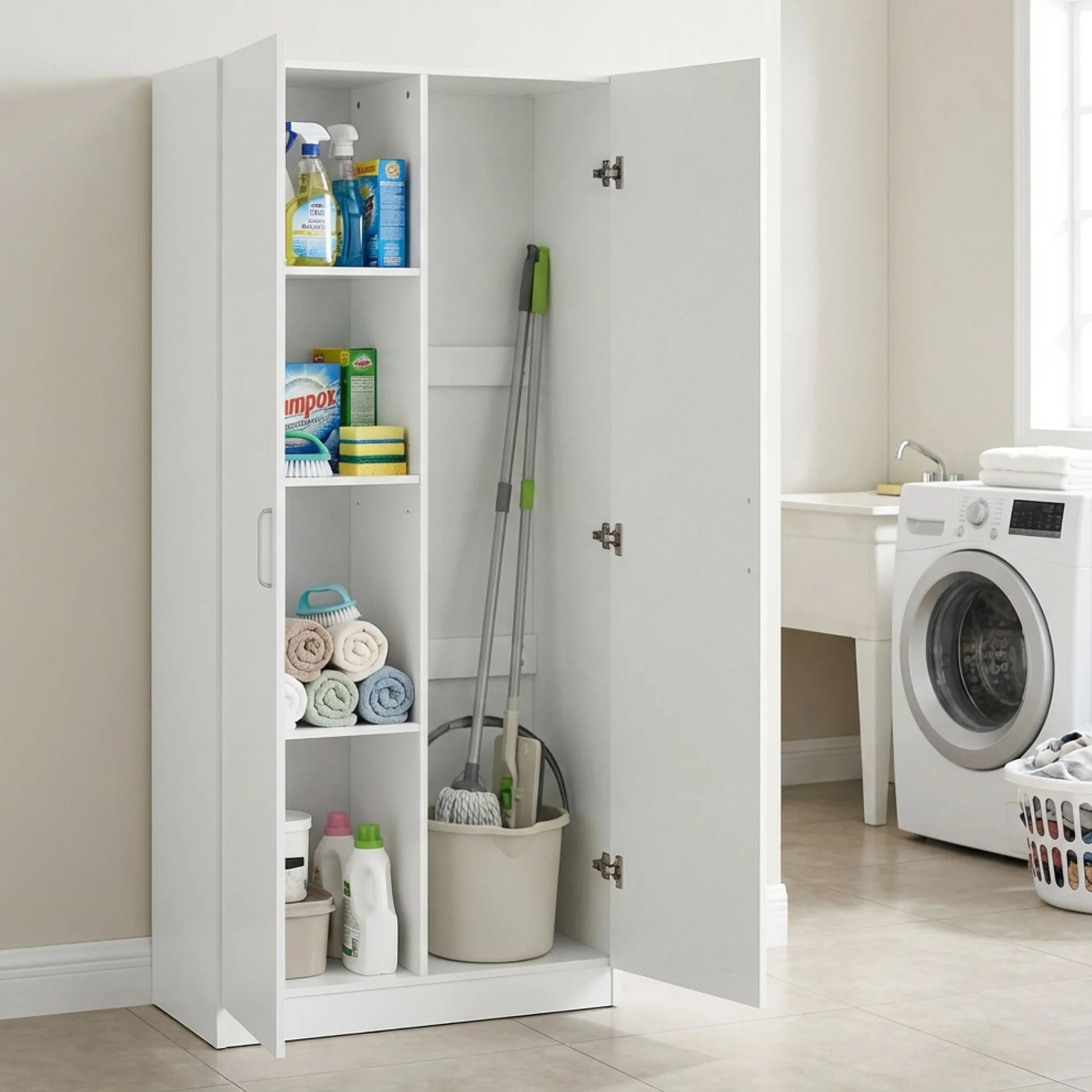 Nordic 2 Door Broom Cupboard 80cm - White - Image 6