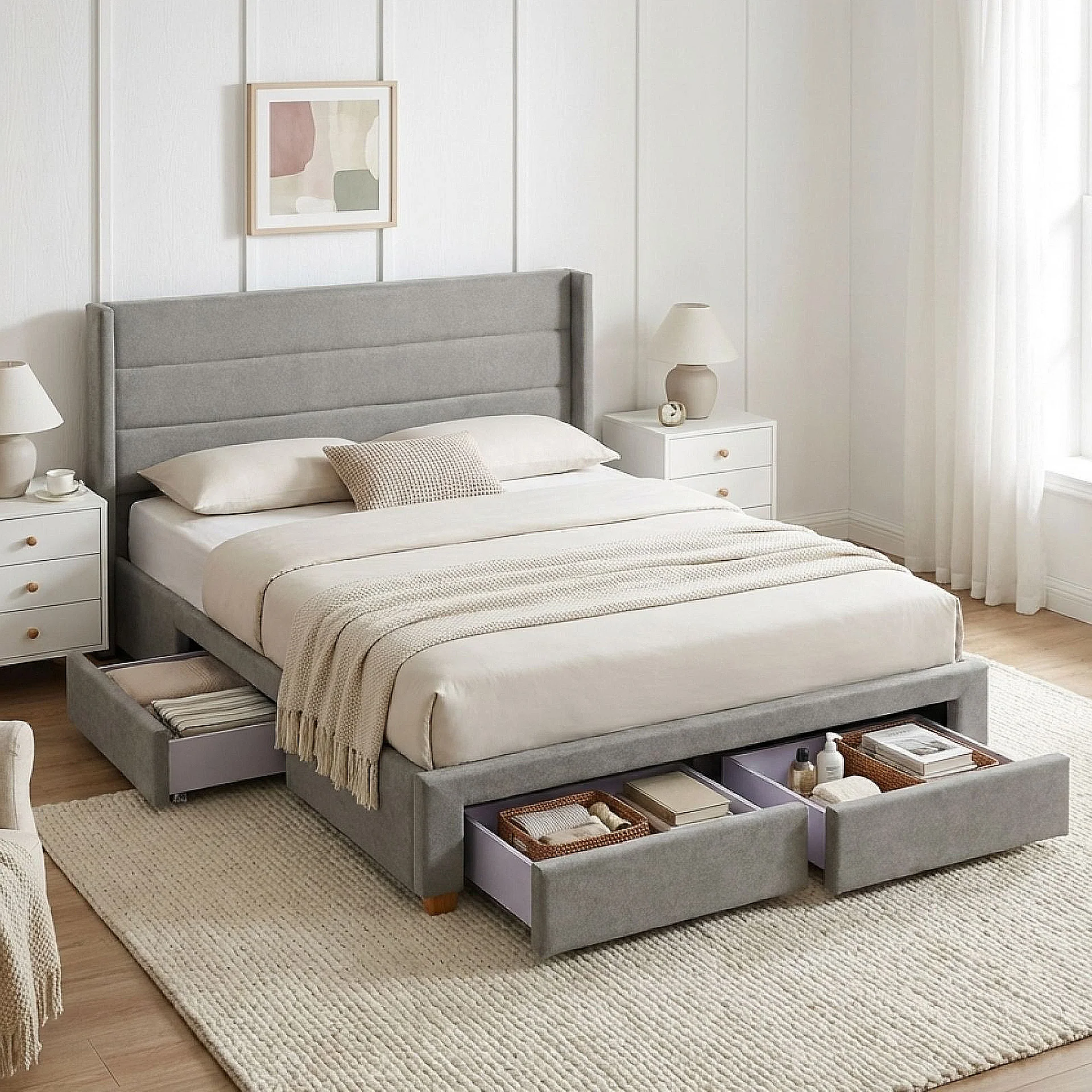 Oasis Queen Bed Frame with 4 Drawers - Grey