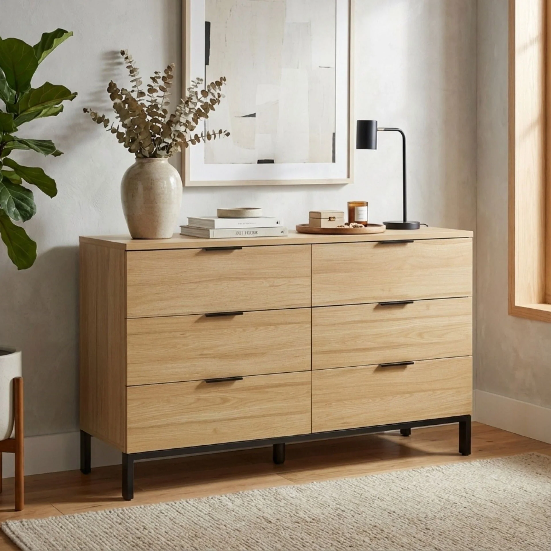 Ocala Low Boy 6 Drawer Chest Dresser - Oak - Image 3