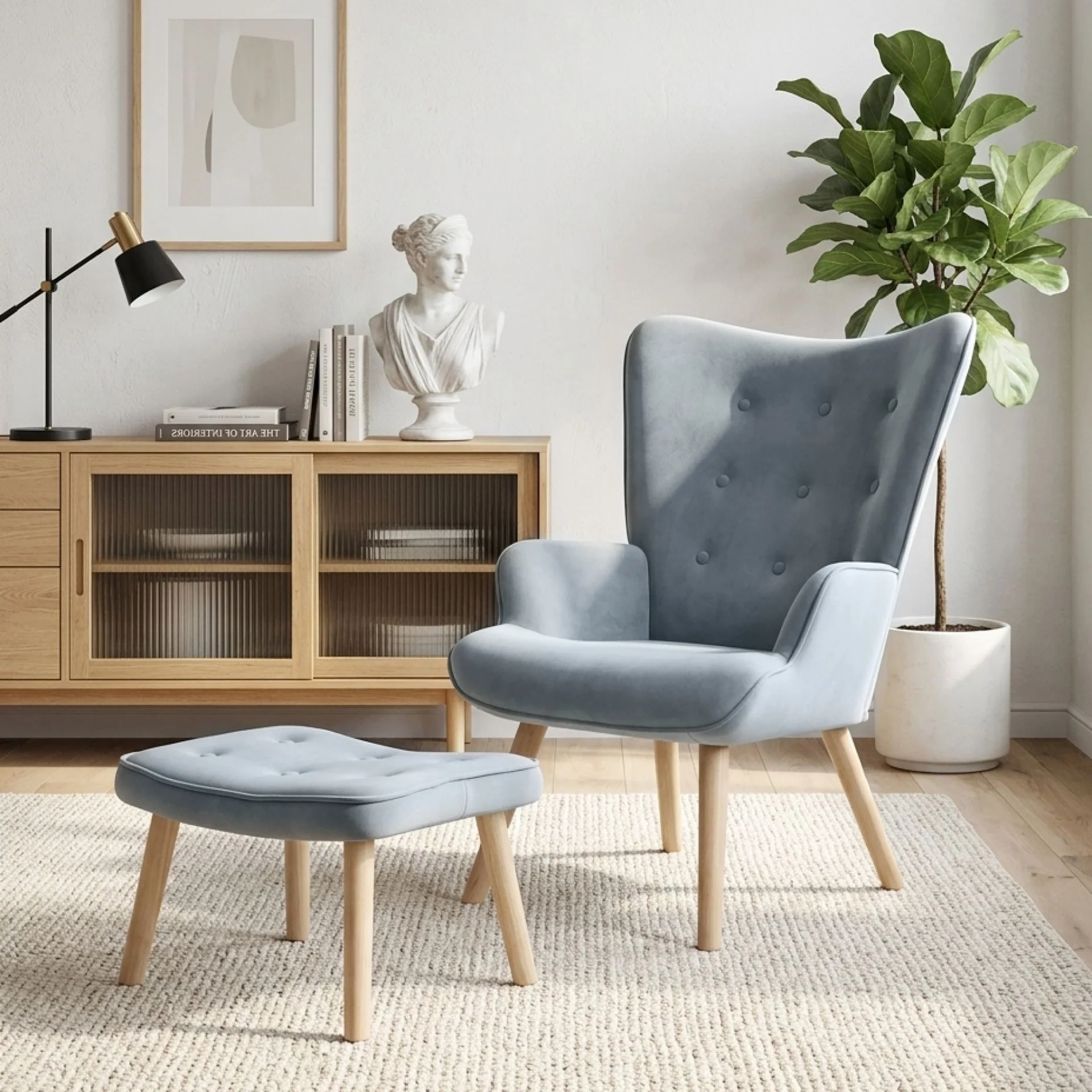Olivia Velvet Armchair with Ottoman - Blue