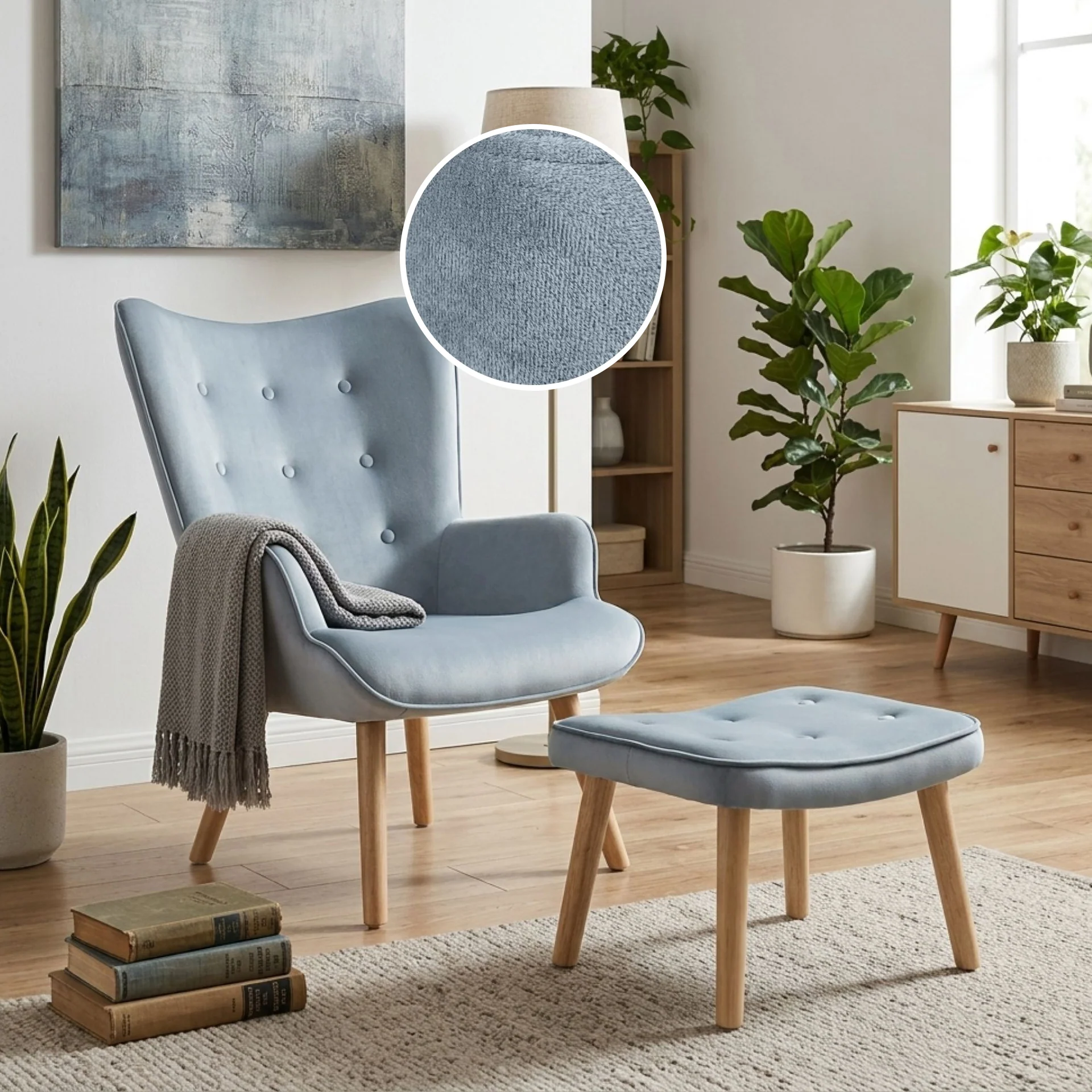 Olivia Velvet Armchair with Ottoman - Blue - Image 2