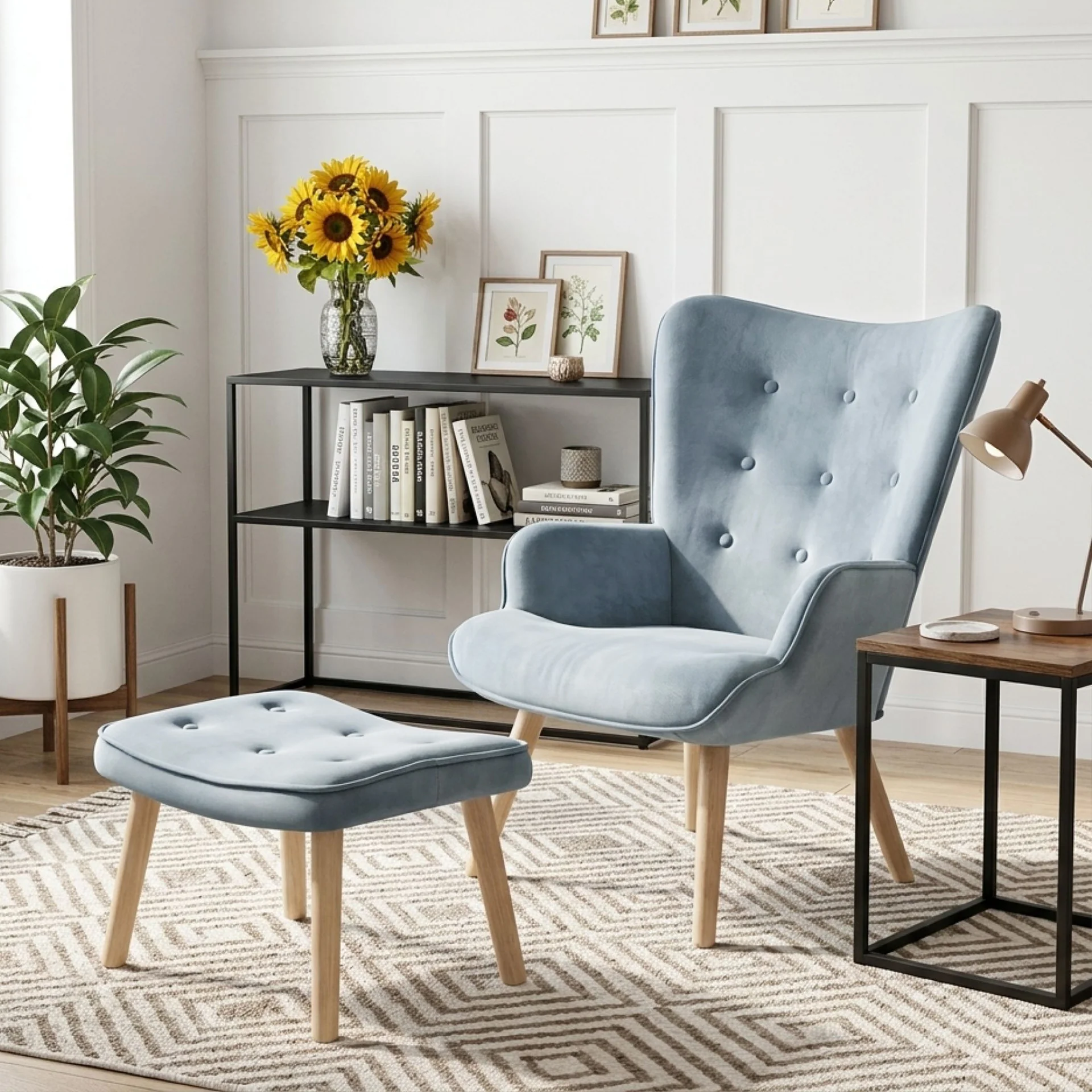Olivia Velvet Armchair with Ottoman - Blue - Image 3