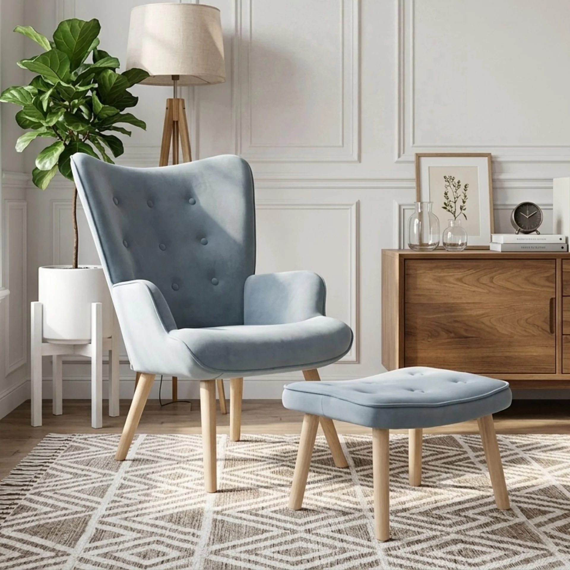 Olivia Velvet Armchair with Ottoman - Blue - Image 4