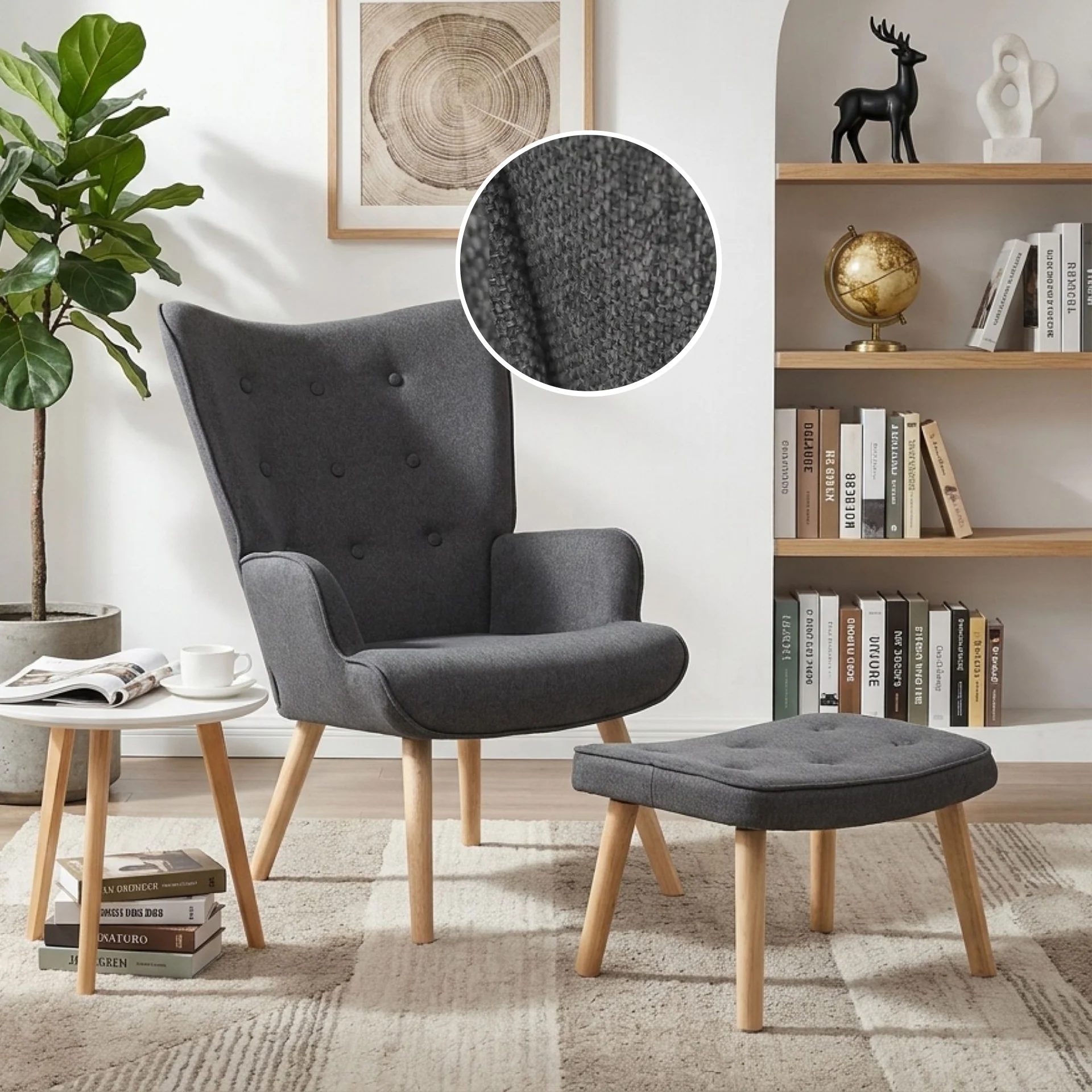 Olivia Linen Armchair with Ottoman - Grey - Image 2
