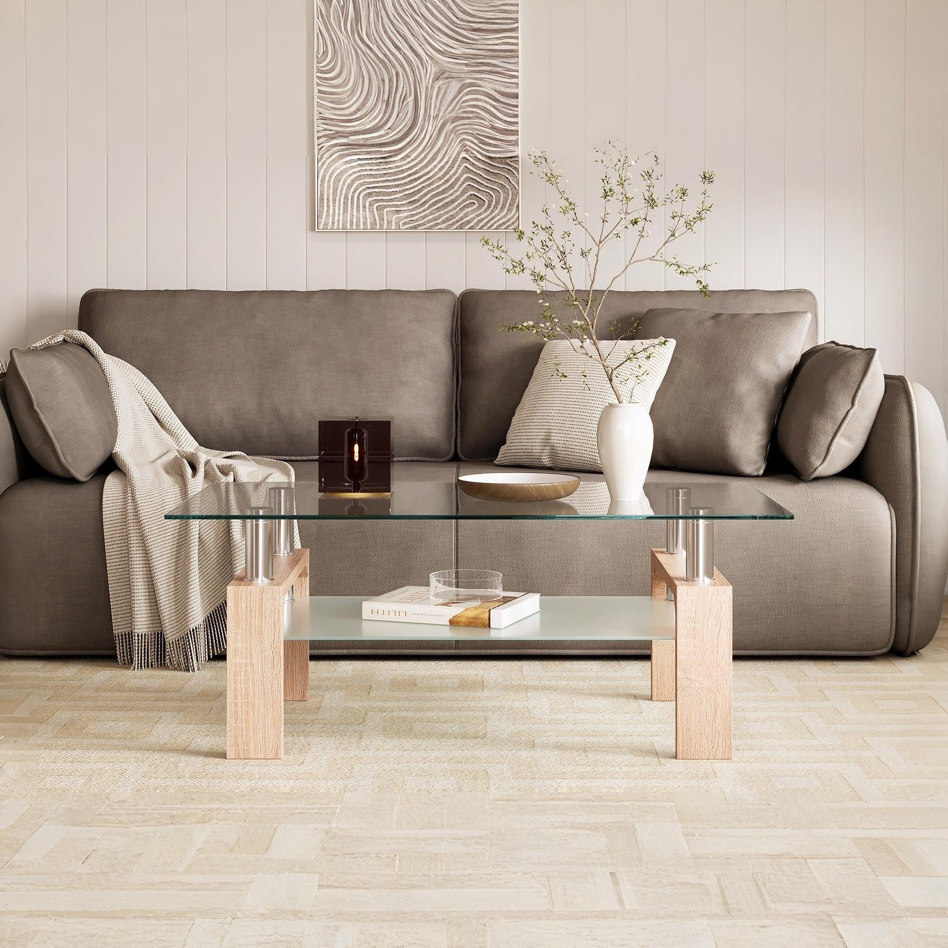 Ollie Tempered Glass Rectangle Coffee Table 110 x 60cm - Oak - Image 3