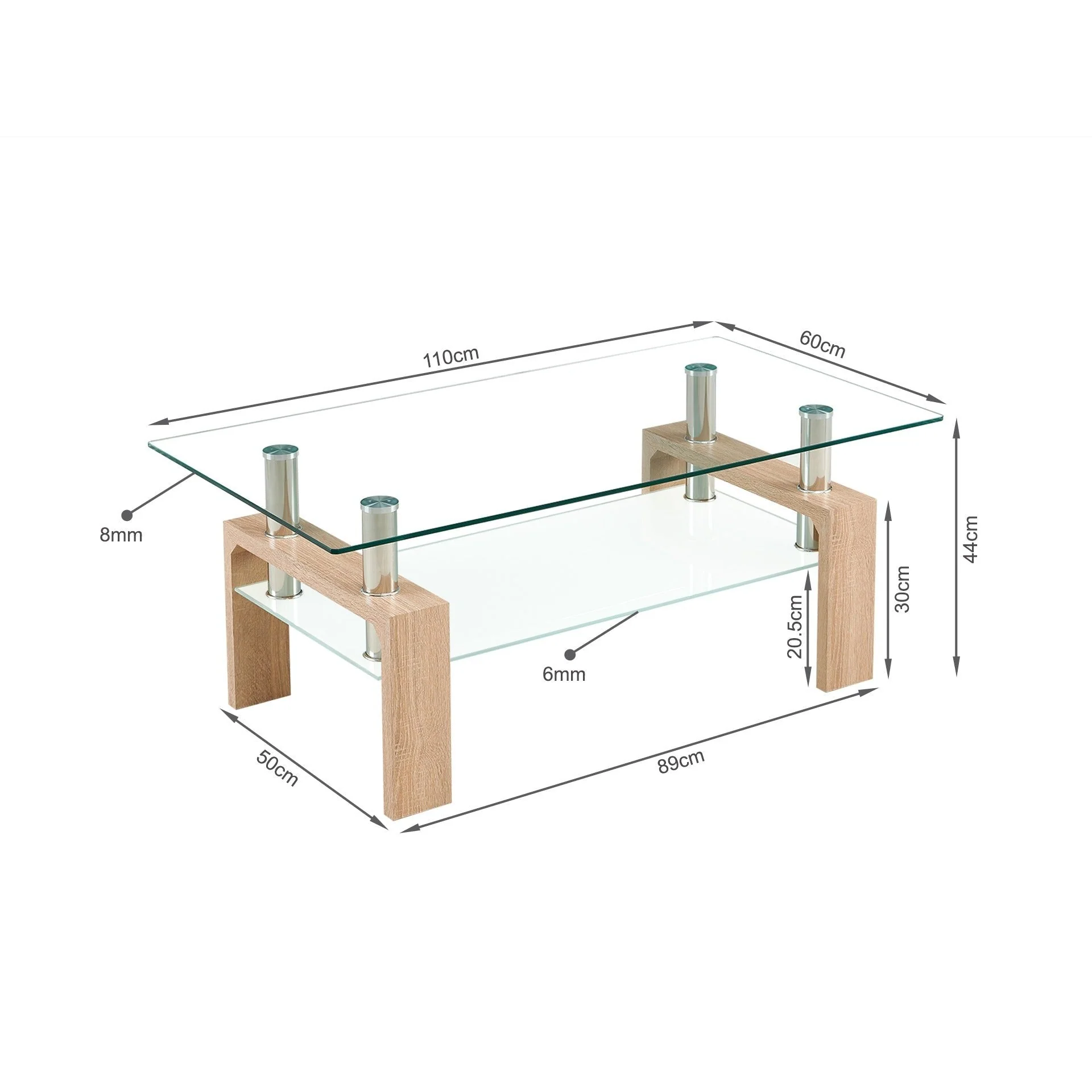 Ollie Tempered Glass Rectangle Coffee Table 110 x 60cm - Oak - Image 6