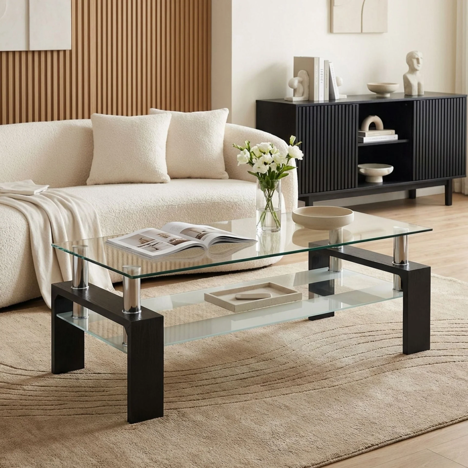 Ollie Tempered Glass Rectangle Coffee Table 110 x 60cm - Black