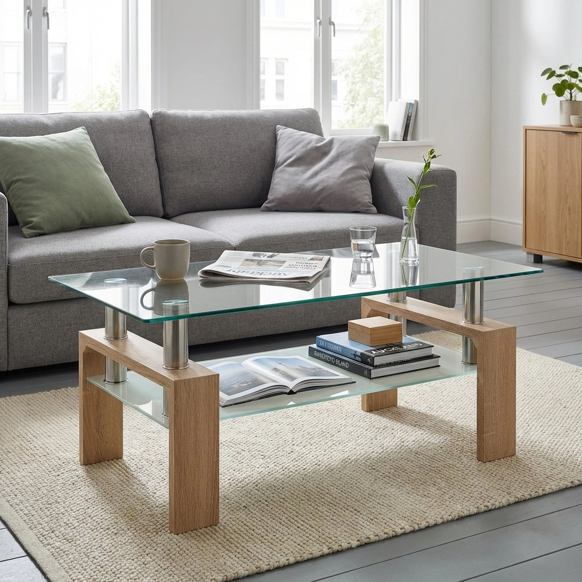 Ollie Tempered Glass Rectangle Coffee Table 95 x 55cm - Oak - Image 4