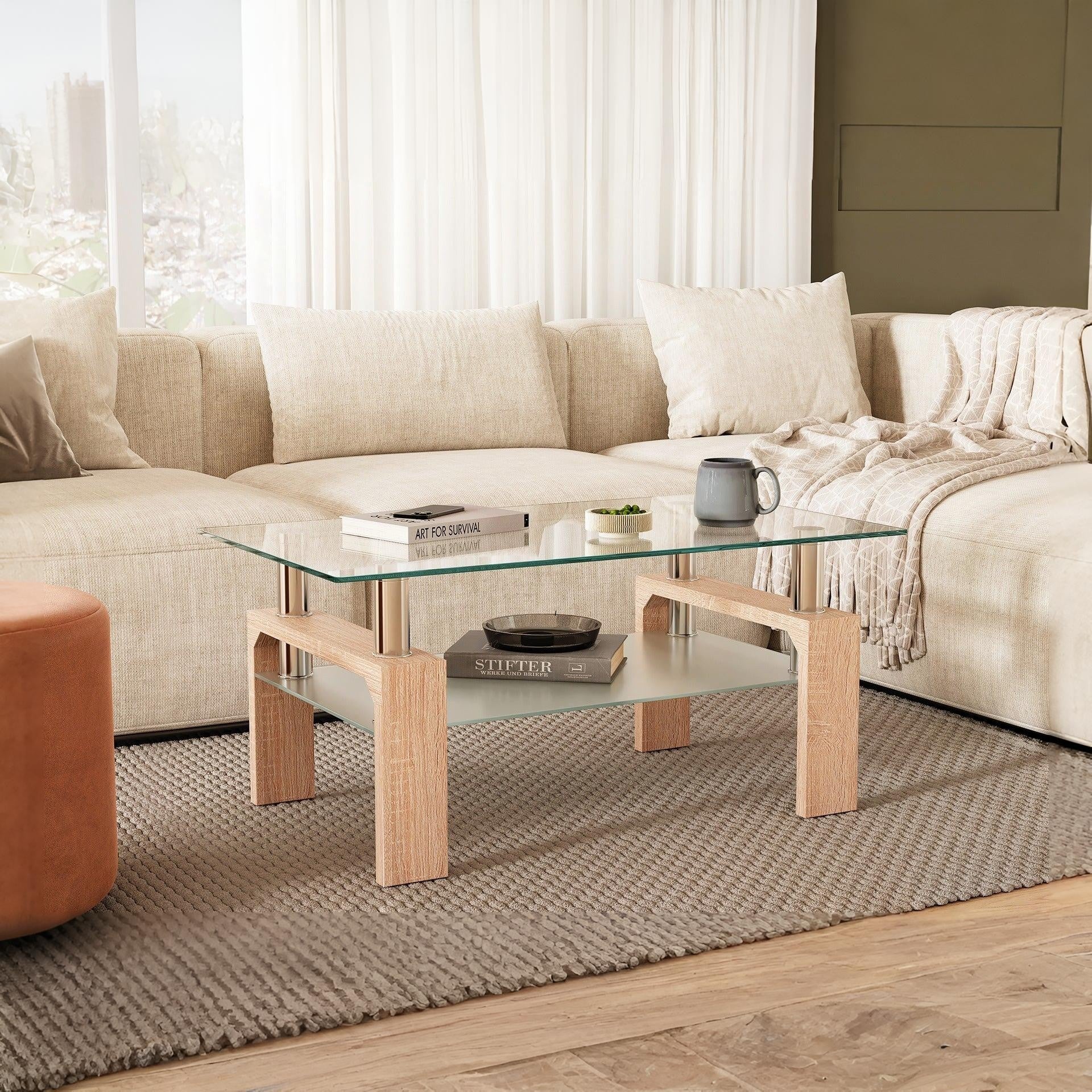 Ollie Tempered Glass Rectangle Coffee Table 95 x 55cm - Oak - Image 6