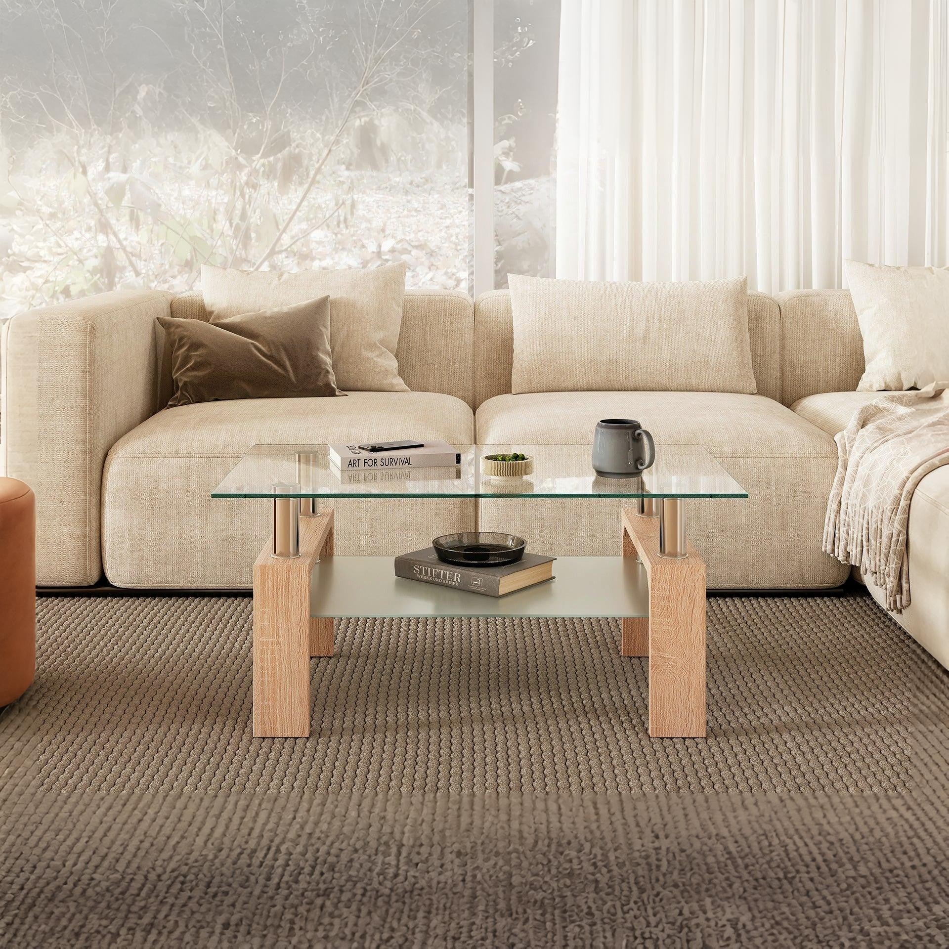 Ollie Tempered Glass Rectangle Coffee Table 95 x 55cm - Oak - Image 7