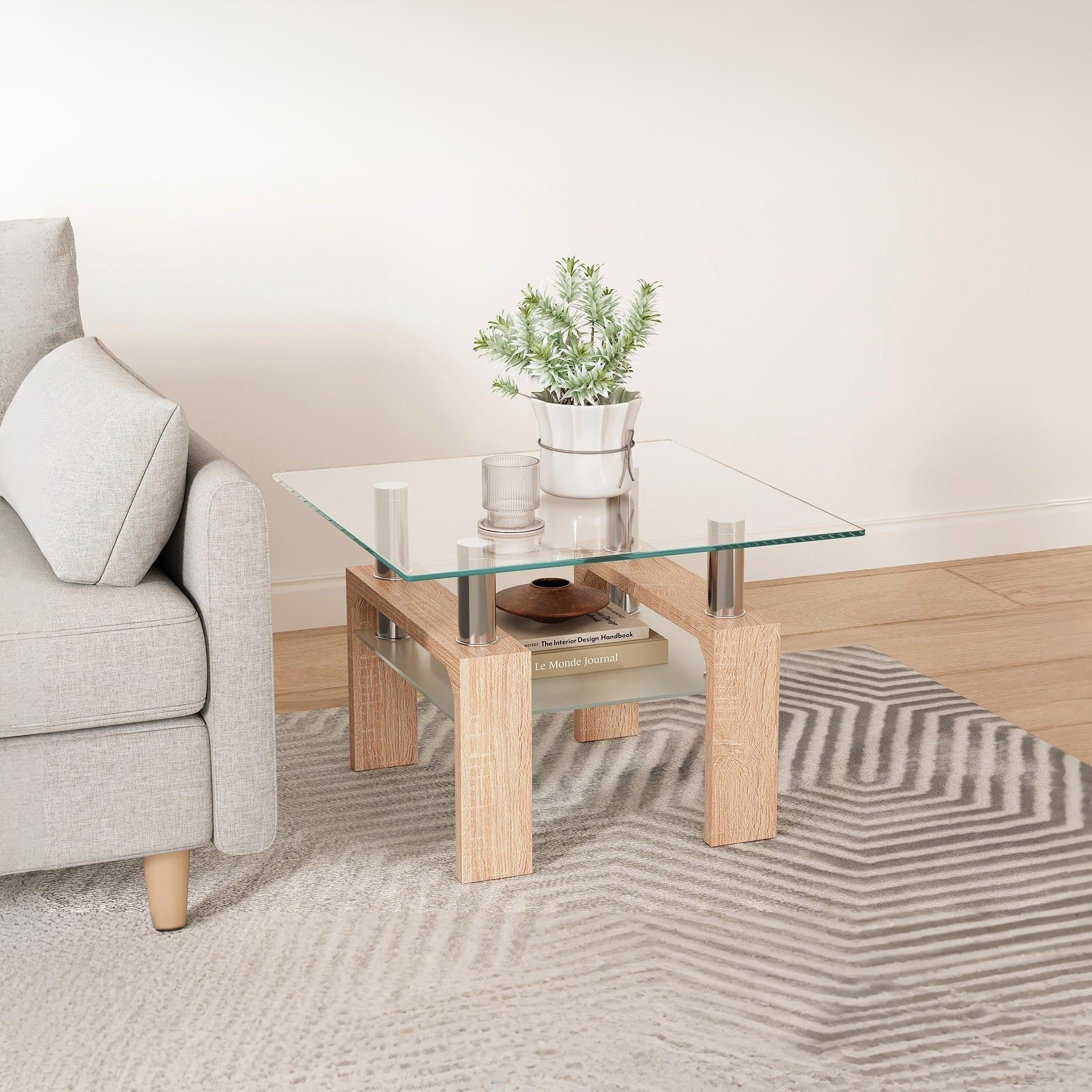 Ollie Tempered Glass Square Side Table 65 x 65cm - Oak - Image 3
