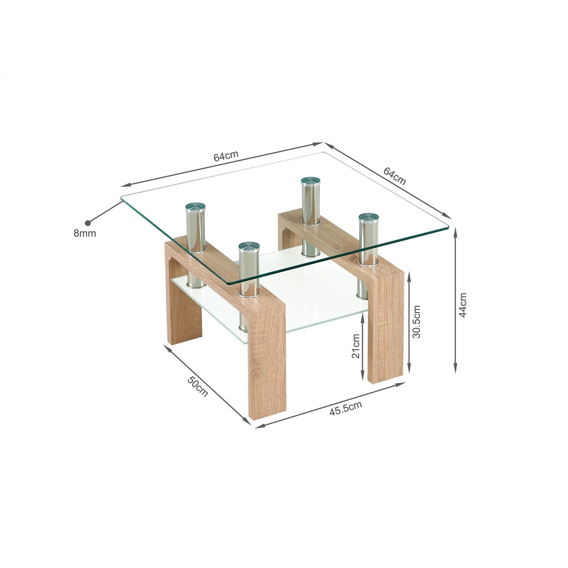 Ollie Tempered Glass Square Side Table 65 x 65cm - Oak - Image 7