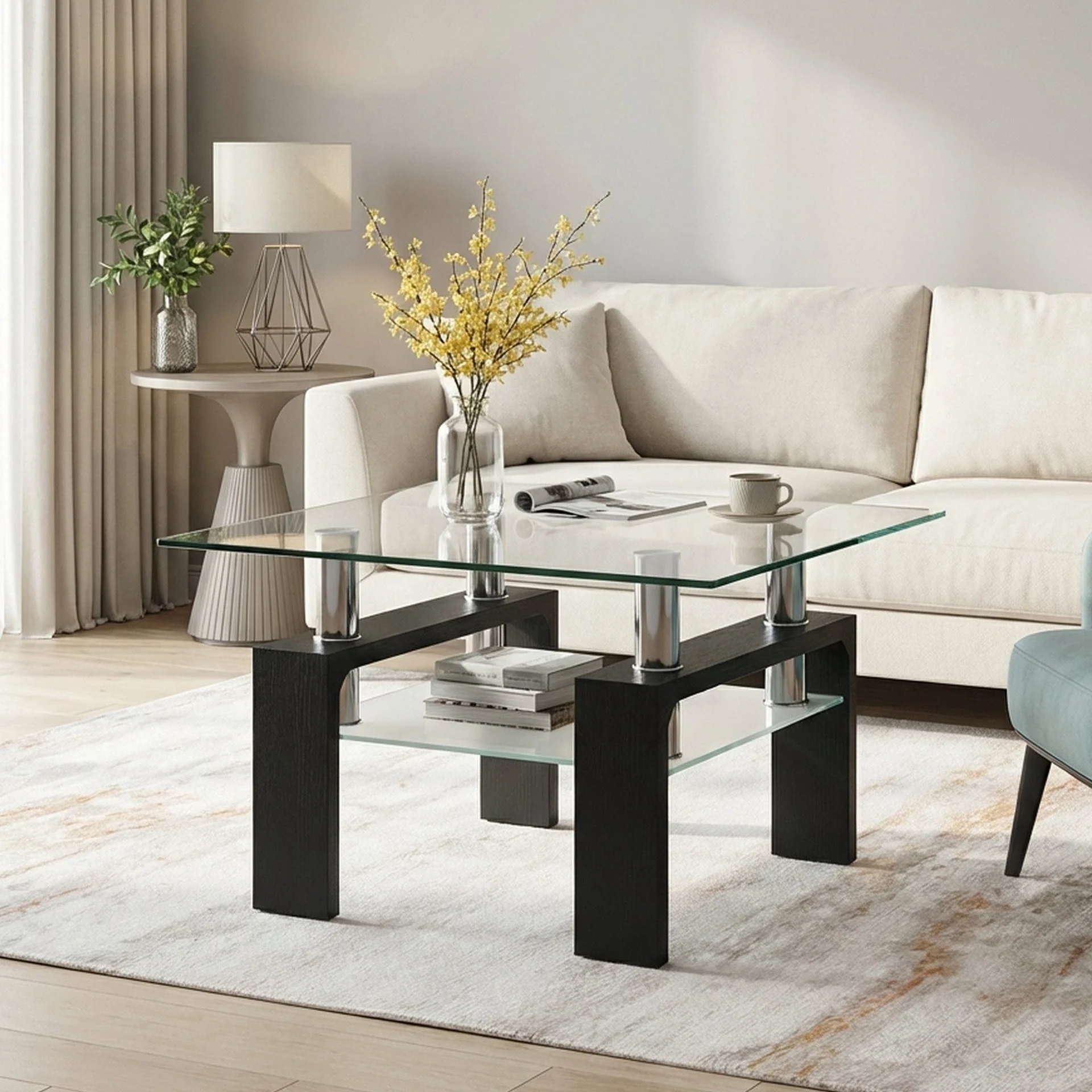 Ollie Tempered Glass Square Side Table 64 x 64cm - Black