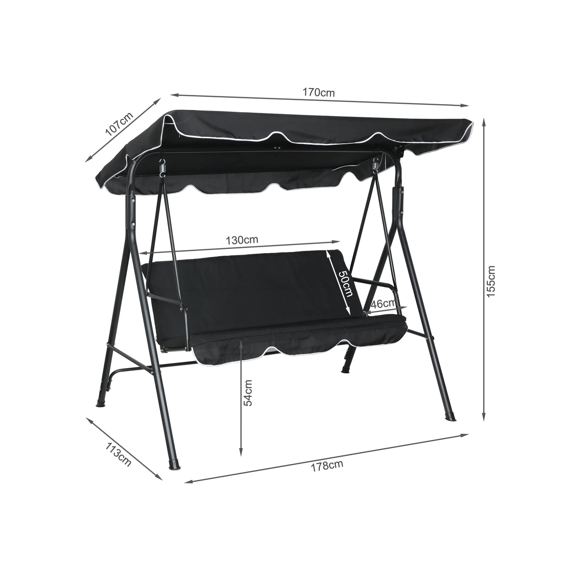 Outdoor Patio Garden 3 Seater Swing Seat Chair - Black