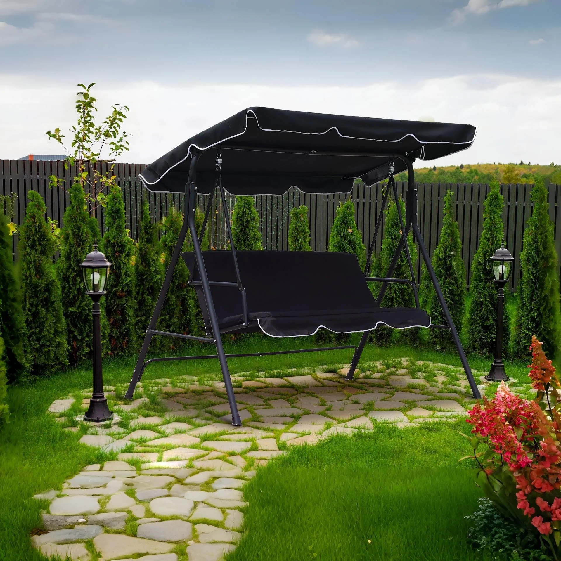 Outdoor Patio Garden 3 Seater Swing Seat Chair - Black - Image 4