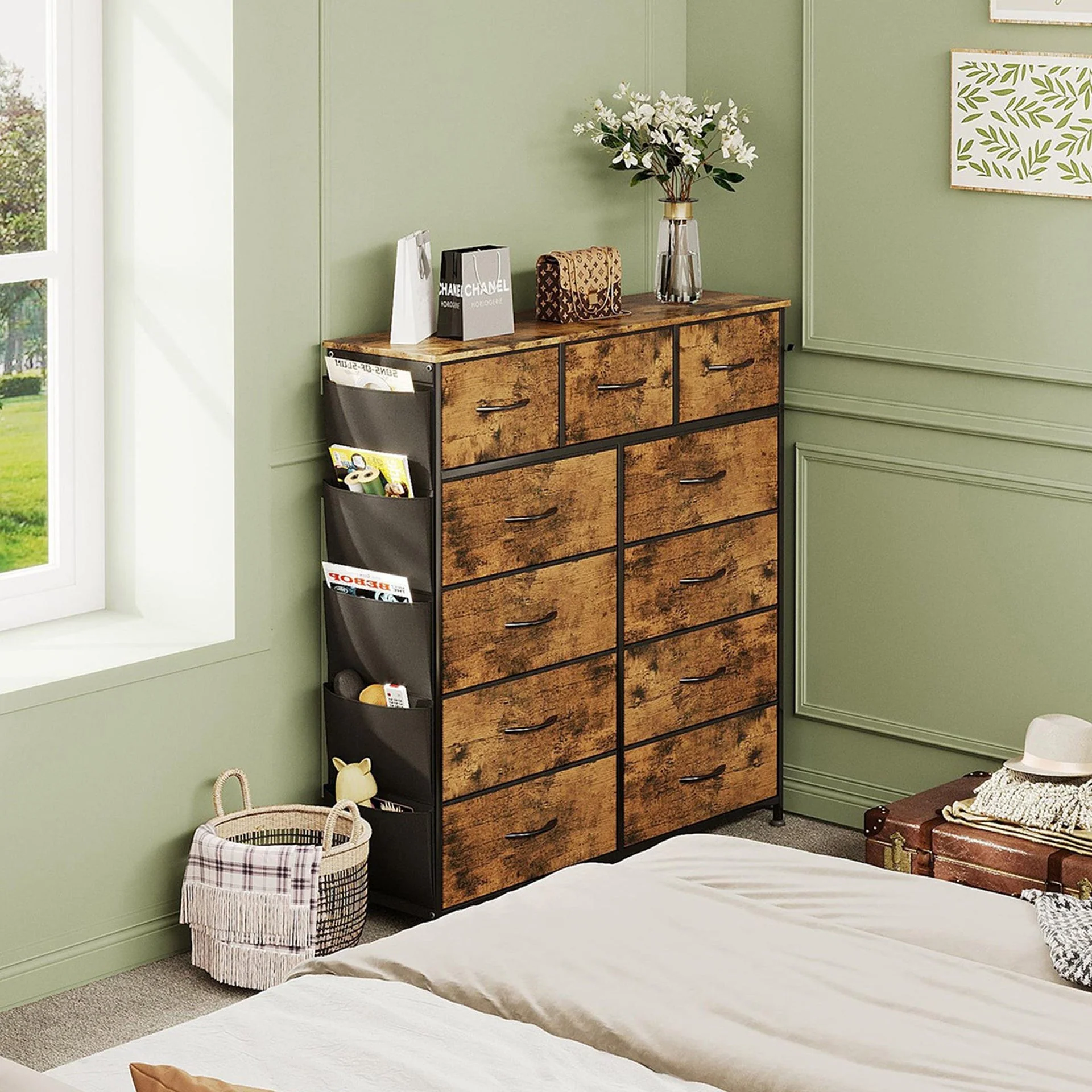 Paisley 11 Drawers Tallboy with Storage Bag - Rustic Brown