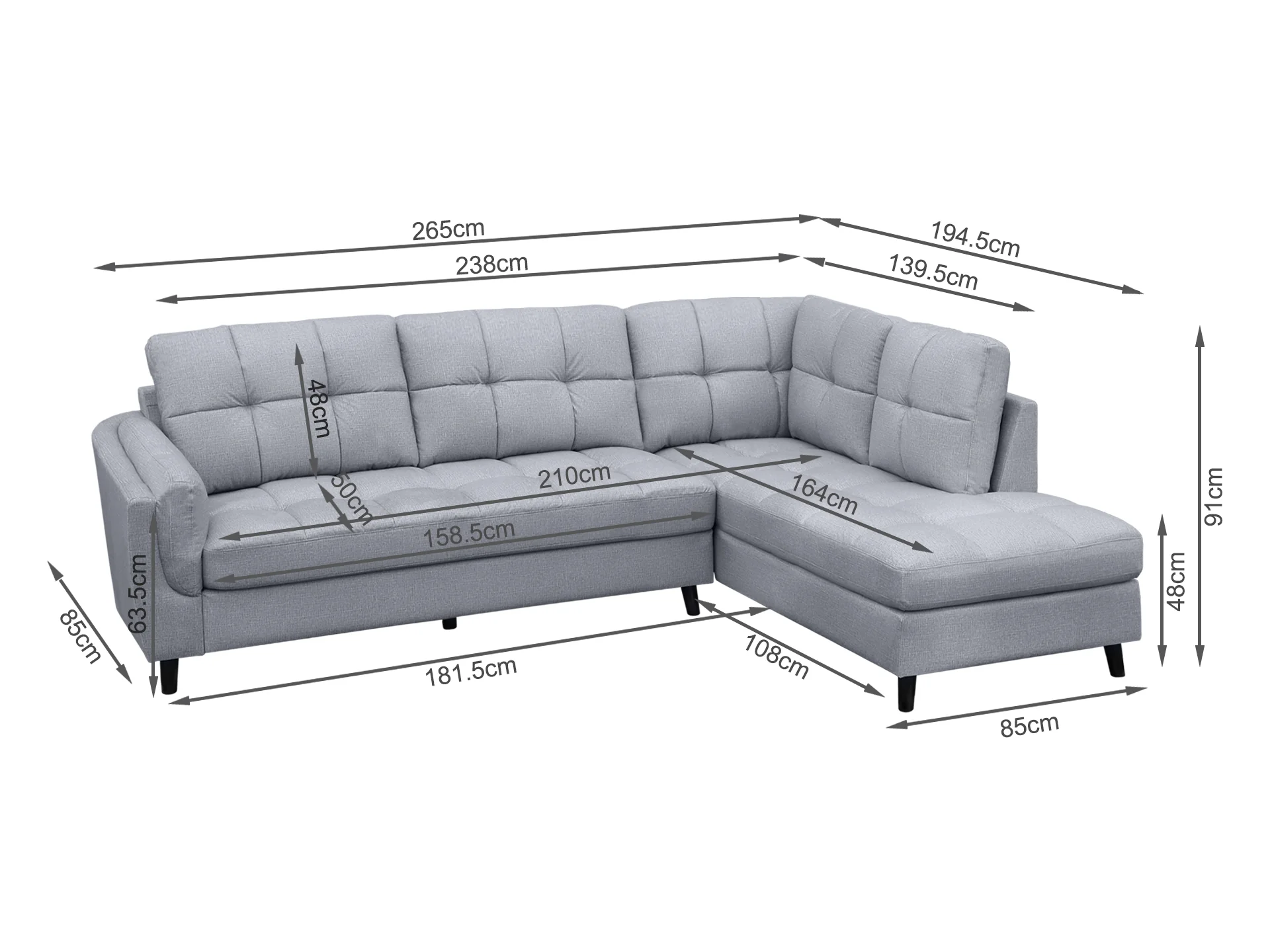 Parkham Corner Sofa - Light Grey - Image 7