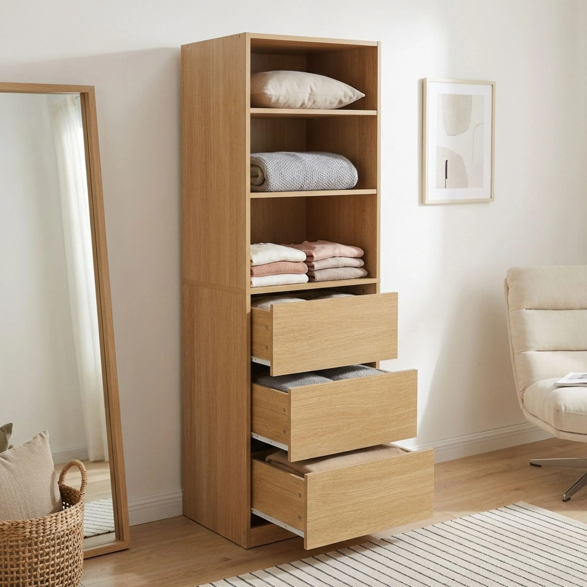 Payette 3 Drawer & Shelf Wardrobe - Oak - Image 2