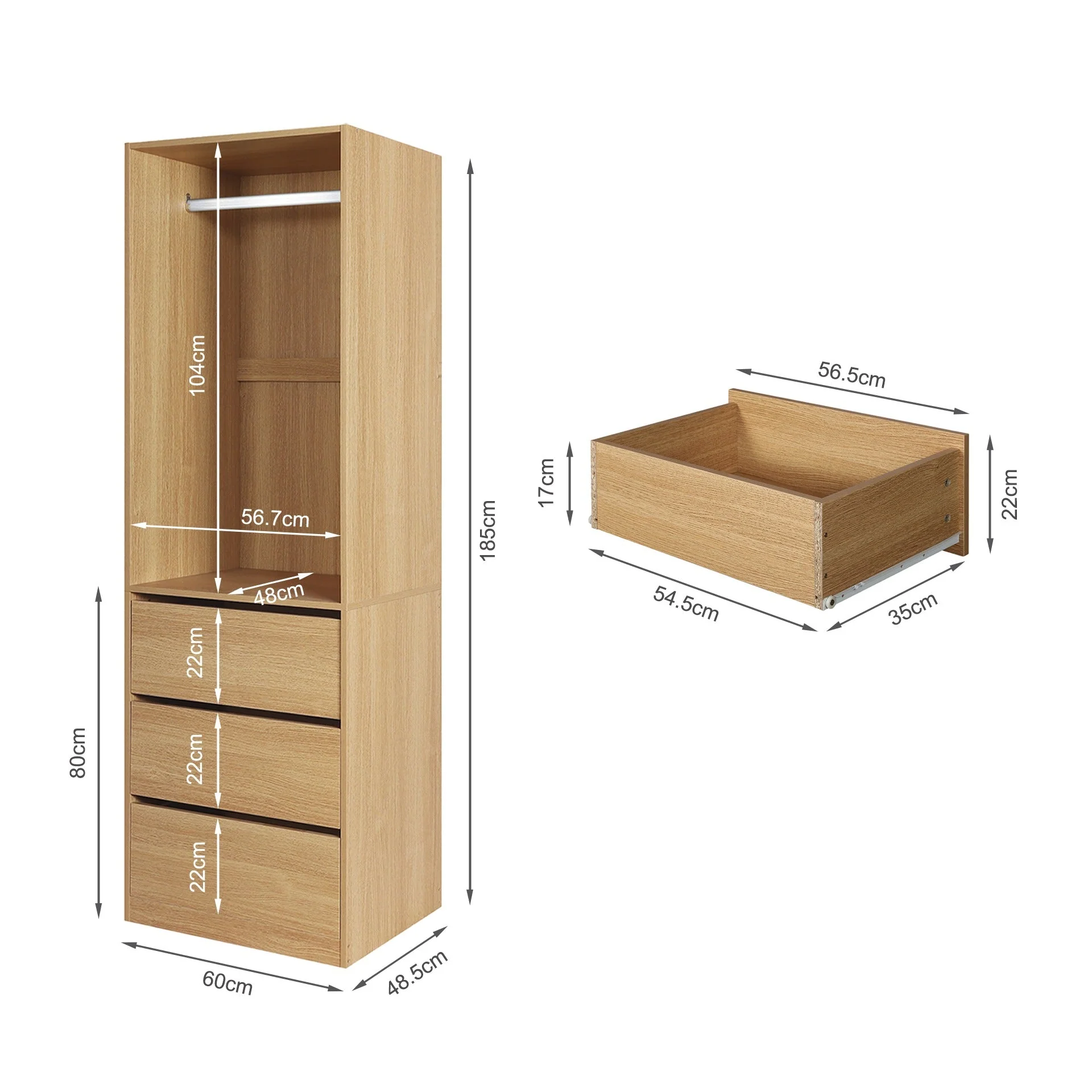 Payette 3 Drawer Wardrobe - Oak - Image 10