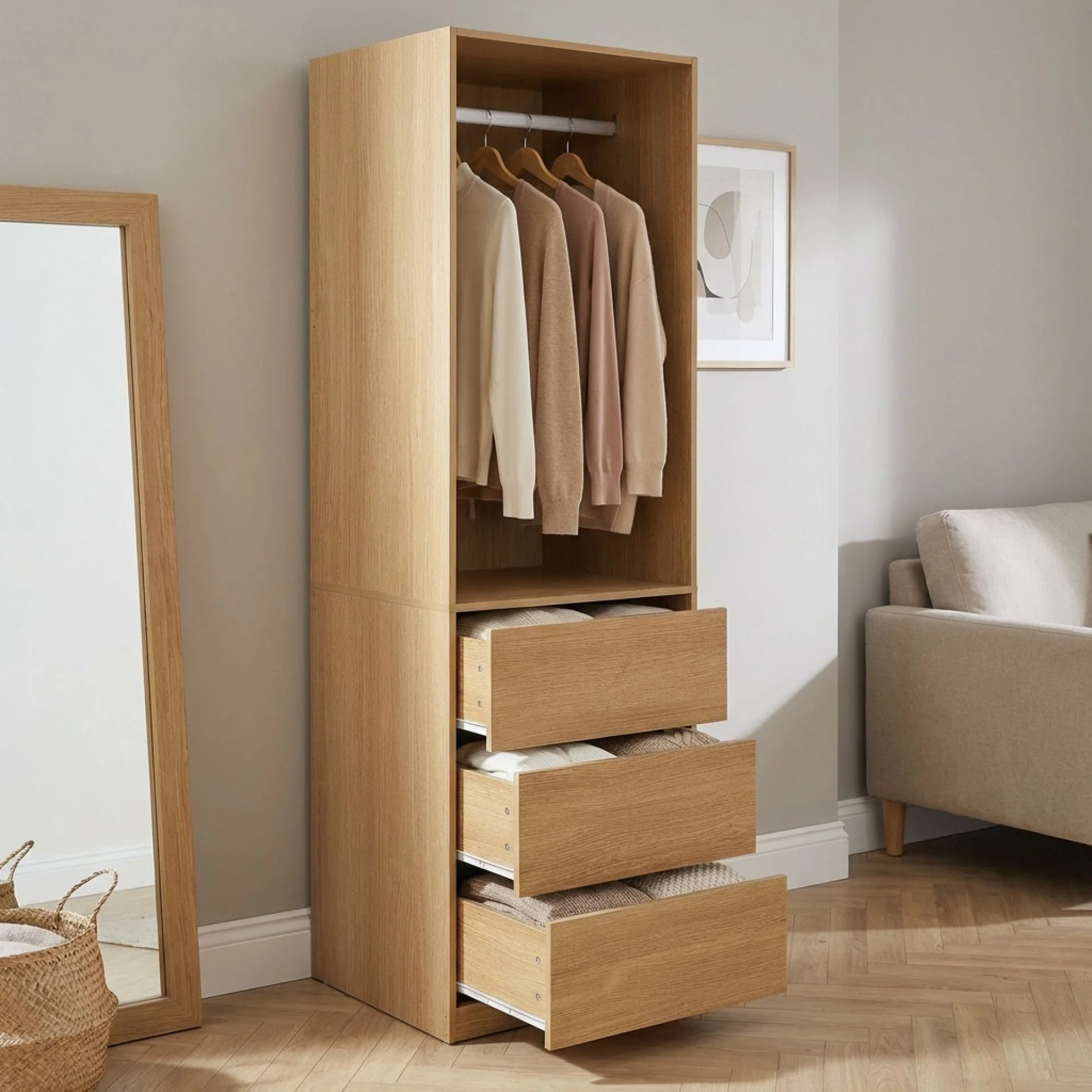 Payette 3 Drawer Wardrobe - Oak - Image 2