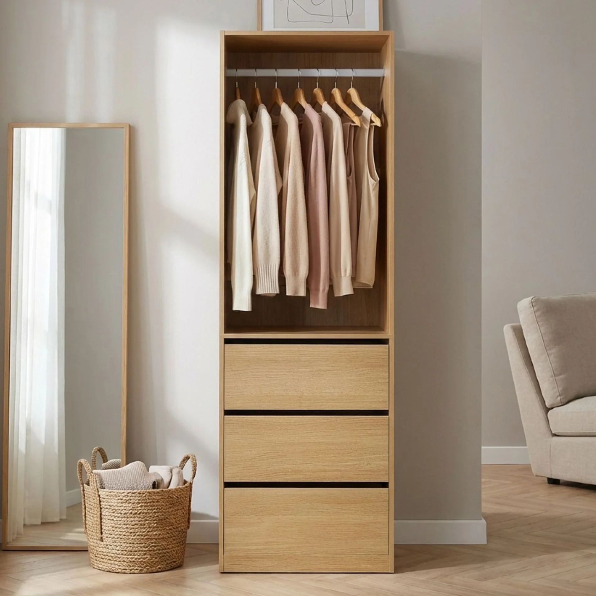Payette 3 Drawer Wardrobe - Oak - Image 4