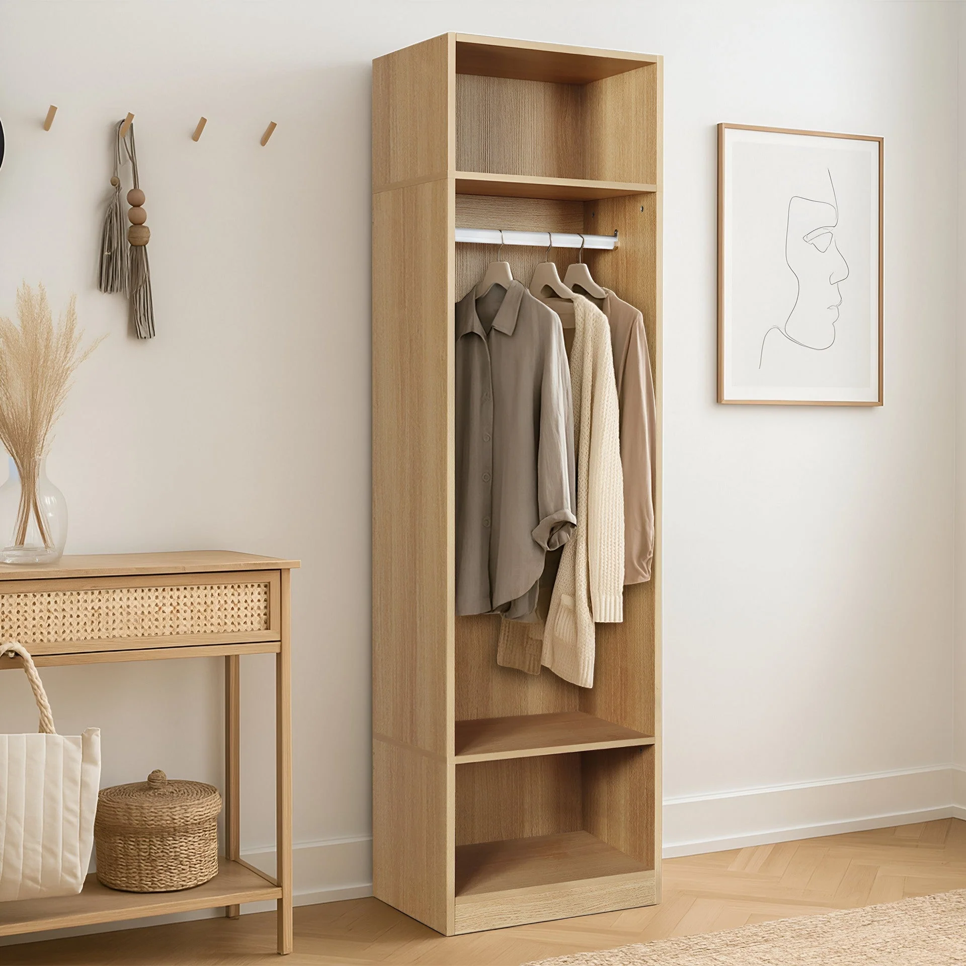 Payette 3 Shelf & Hanging Wardrobe - Oak - Image 7