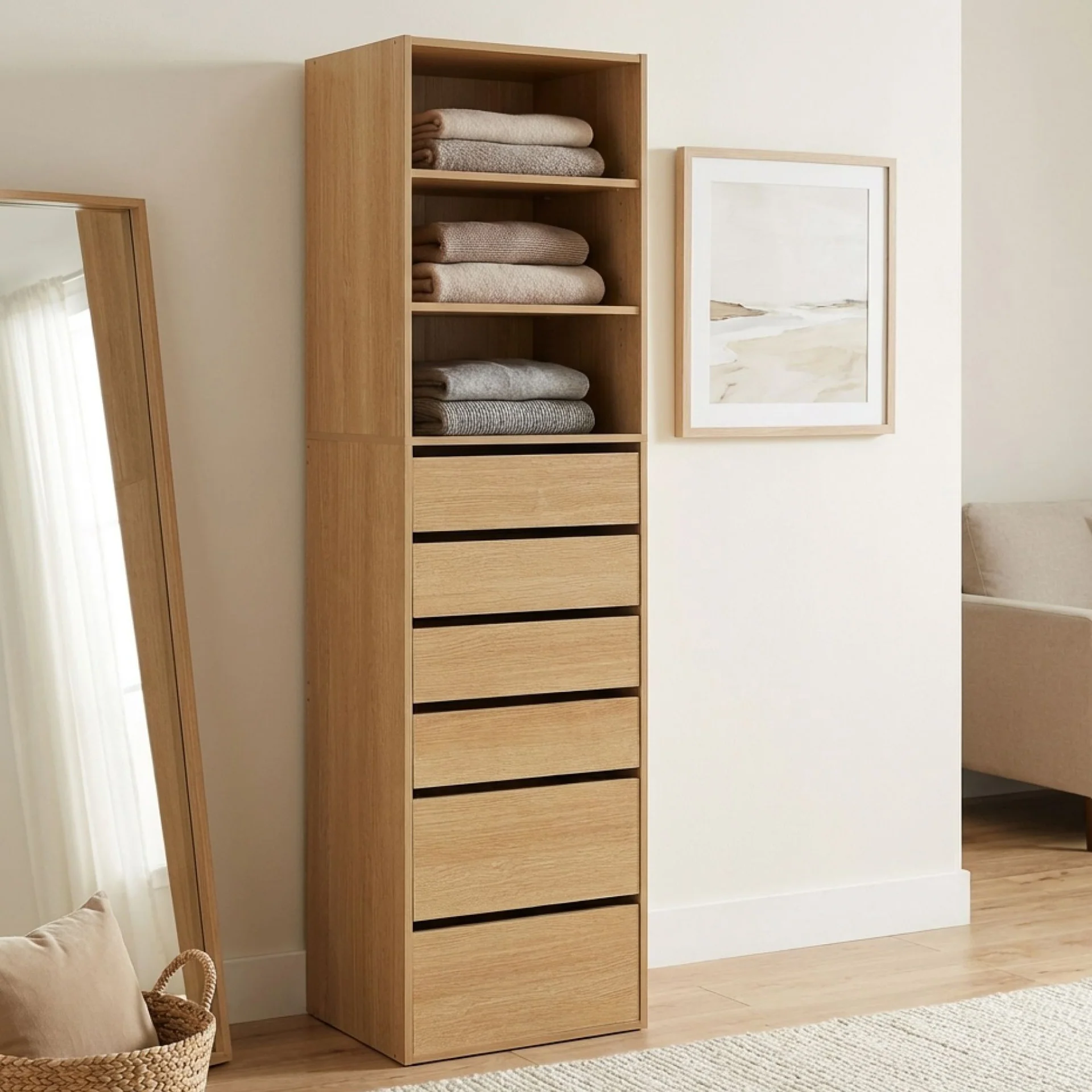 Payette 6 Drawer & 3 Shelf Wardrobe - Oak - Image 4