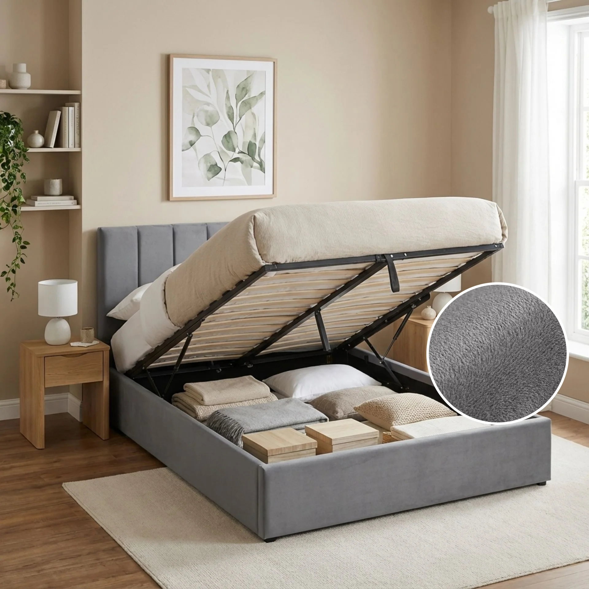 Penelope Double Gas Lift Velvet Bed Frame - Grey - Image 2