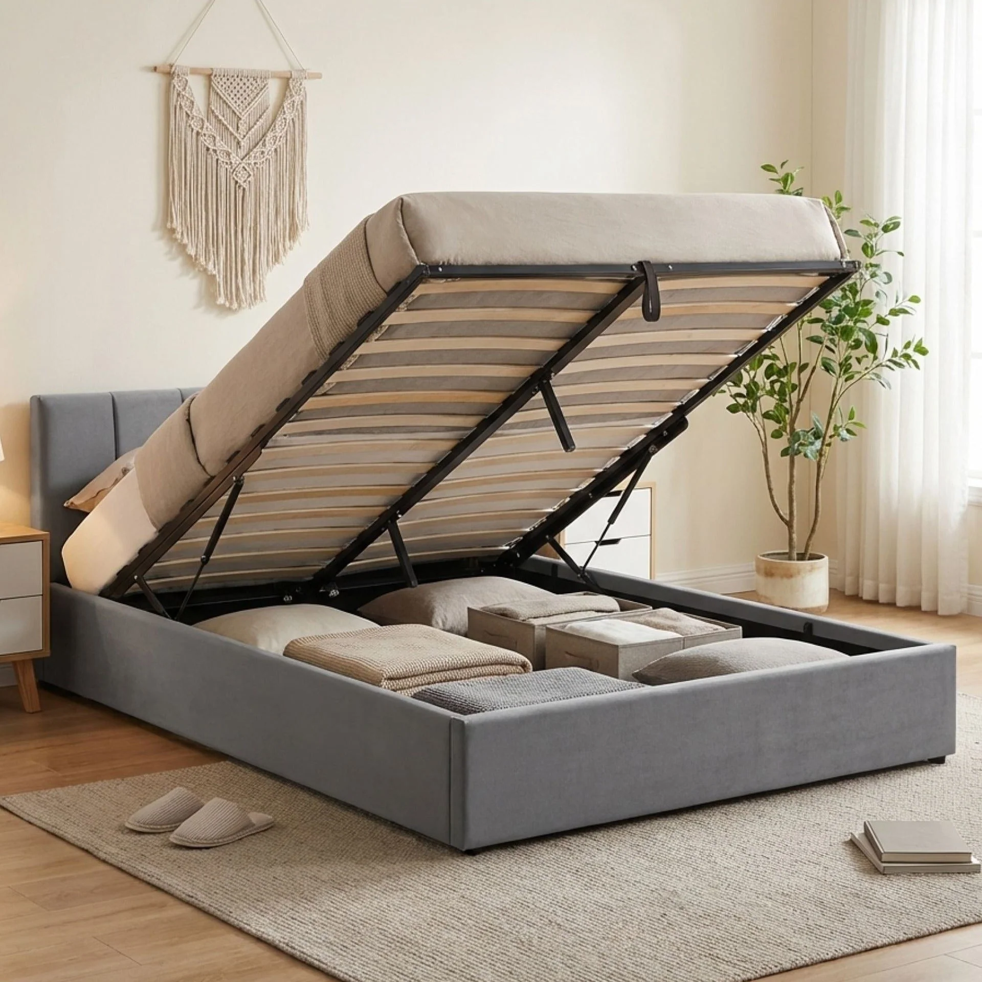Penelope Queen Gas Lift Velvet Bed Frame - Grey