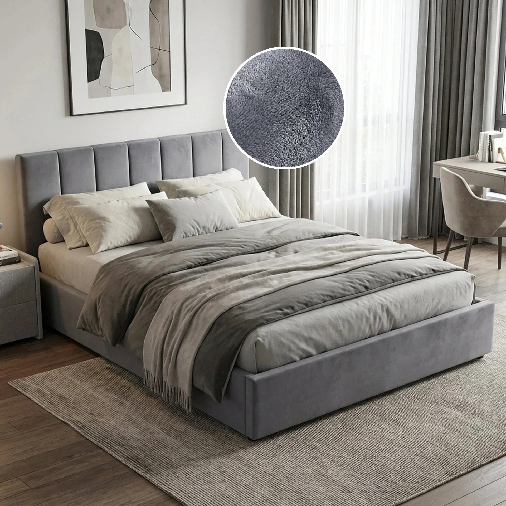 Penelope Queen Gas Lift Velvet Bed Frame - Grey - Image 2