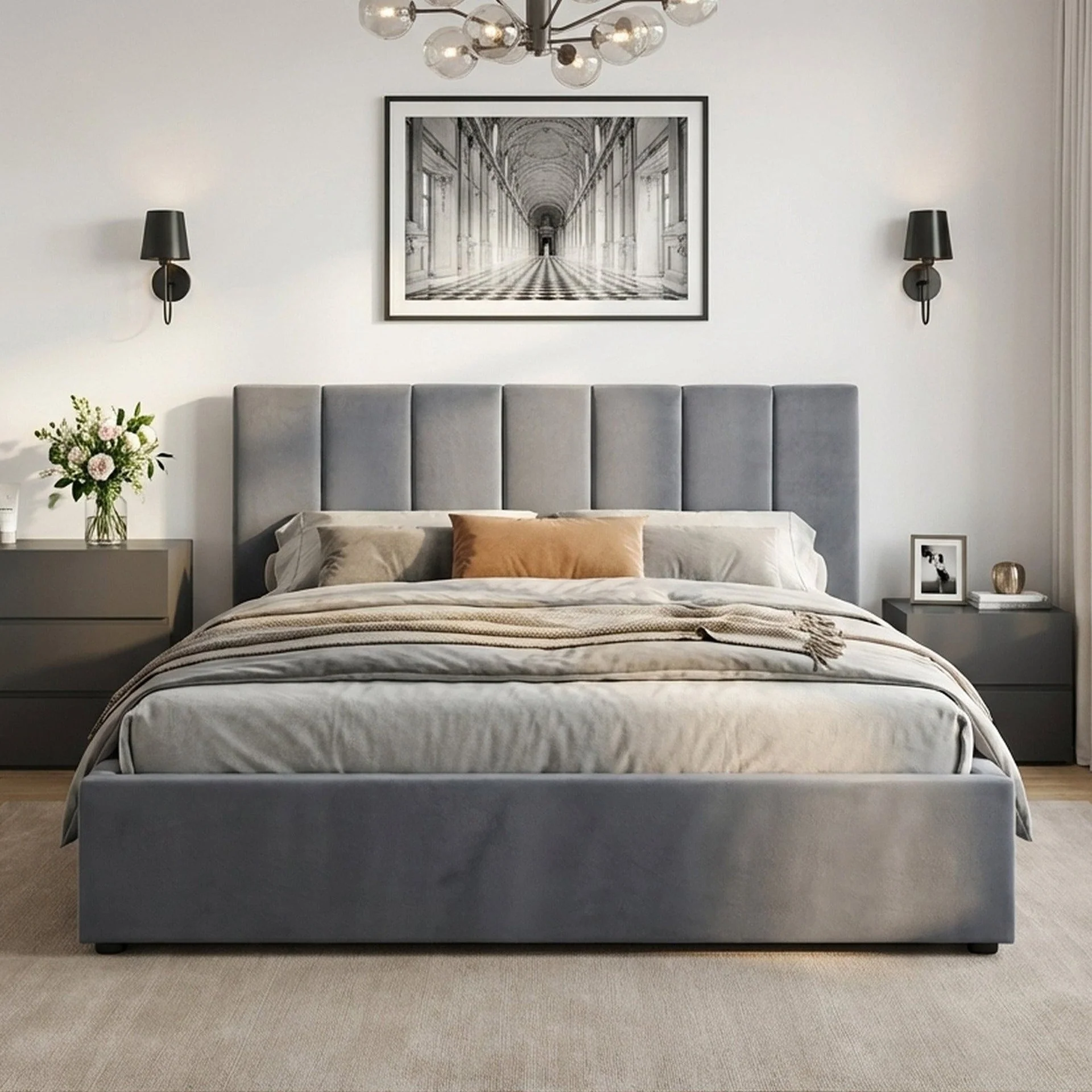 Penelope Queen Gas Lift Velvet Bed Frame - Grey - Image 3