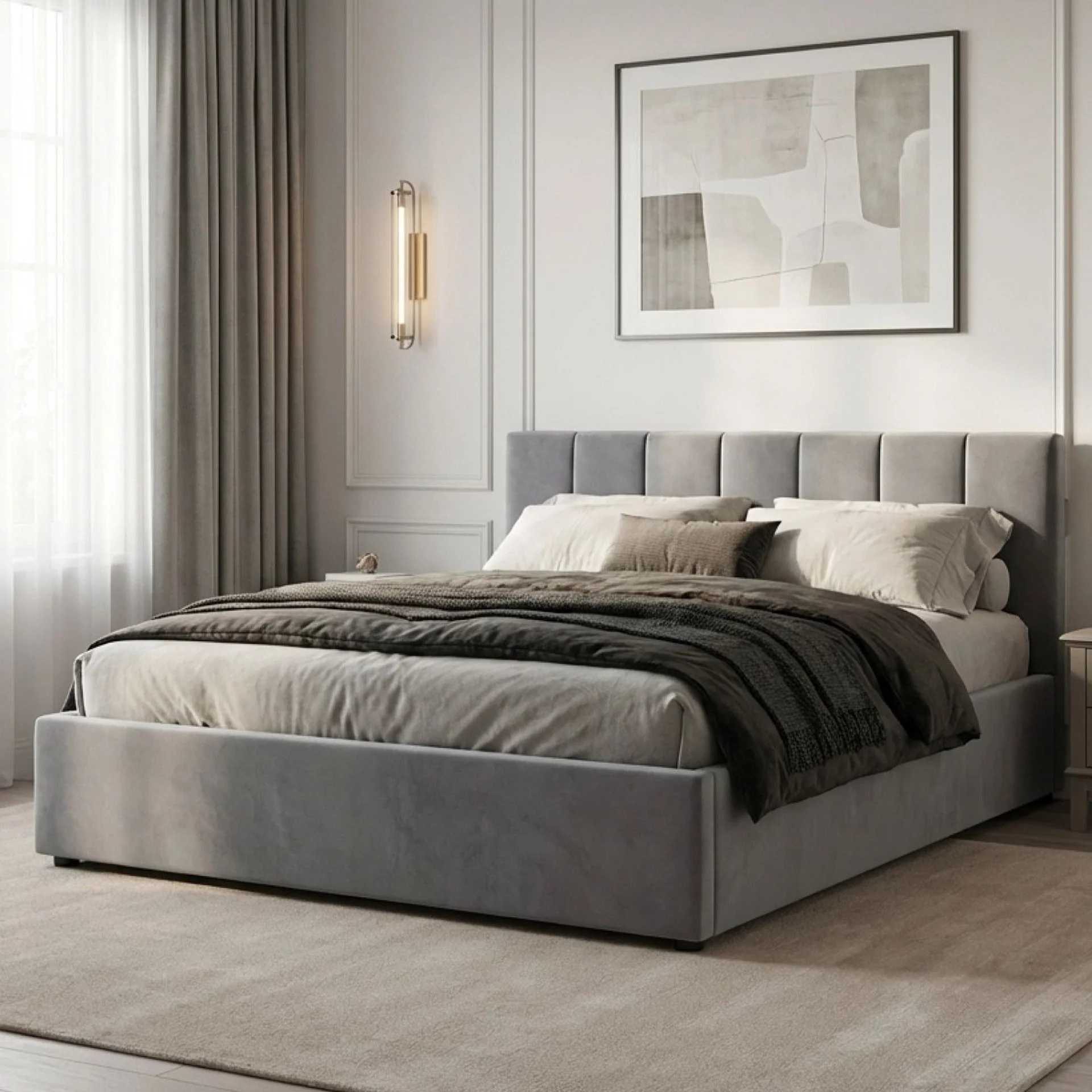 Penelope Queen Gas Lift Velvet Bed Frame - Grey - Image 4