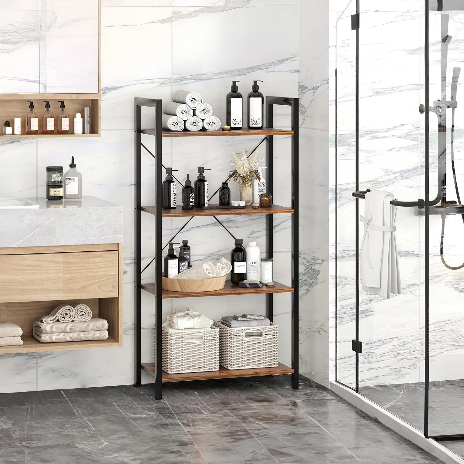 Poroti 4 Tier Bookshelf Storage Shelf - Rustic Brown - Image 5