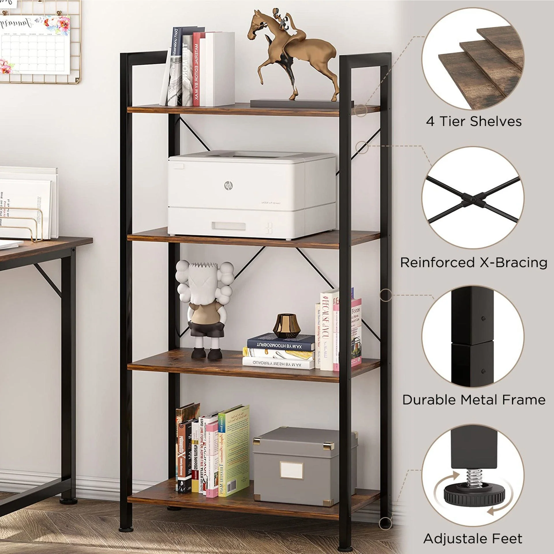Poroti 4 Tier Bookshelf Storage Shelf - Rustic Brown - Image 7