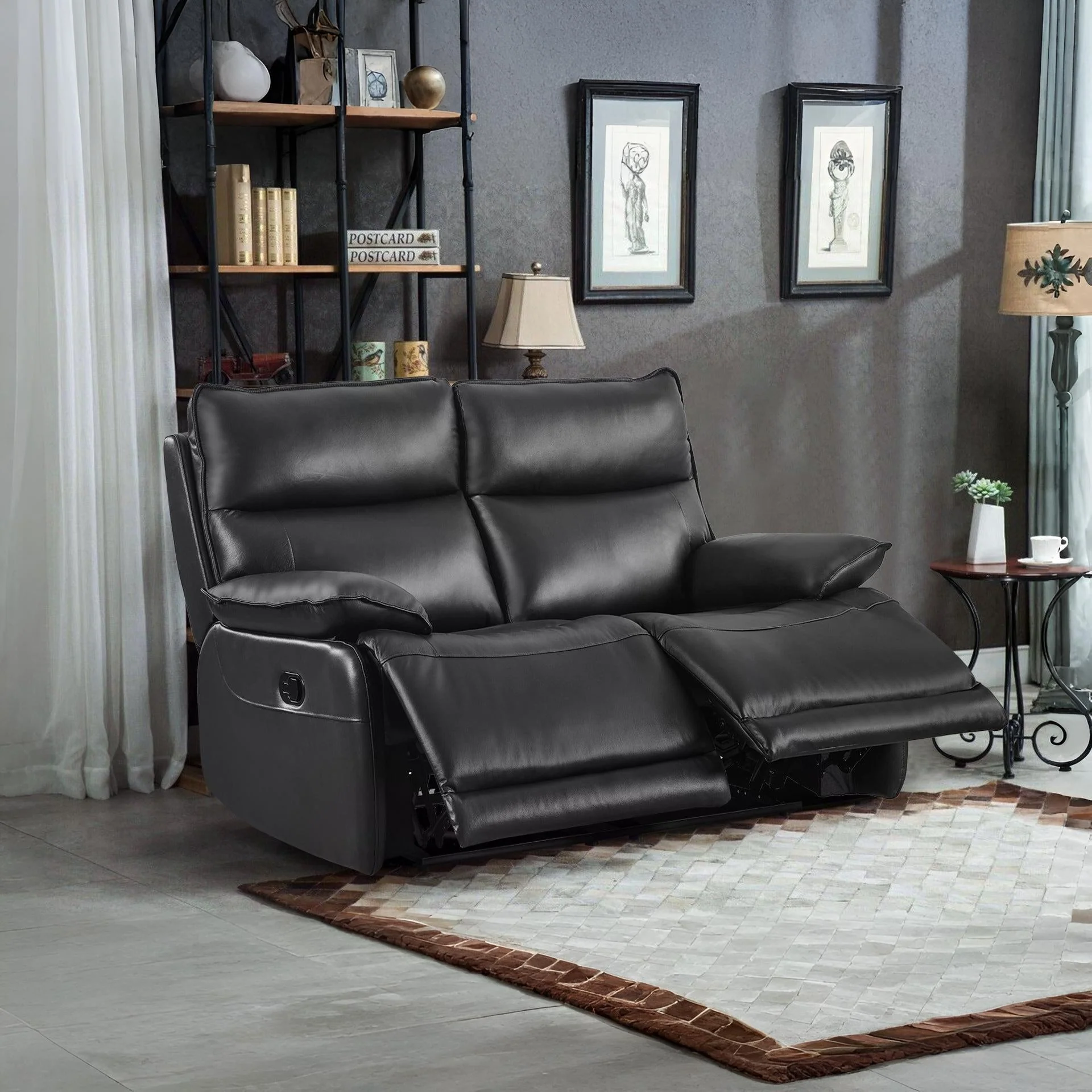 Poroti Manual Full Leather 2 Seater Recliner Sofa - Black
