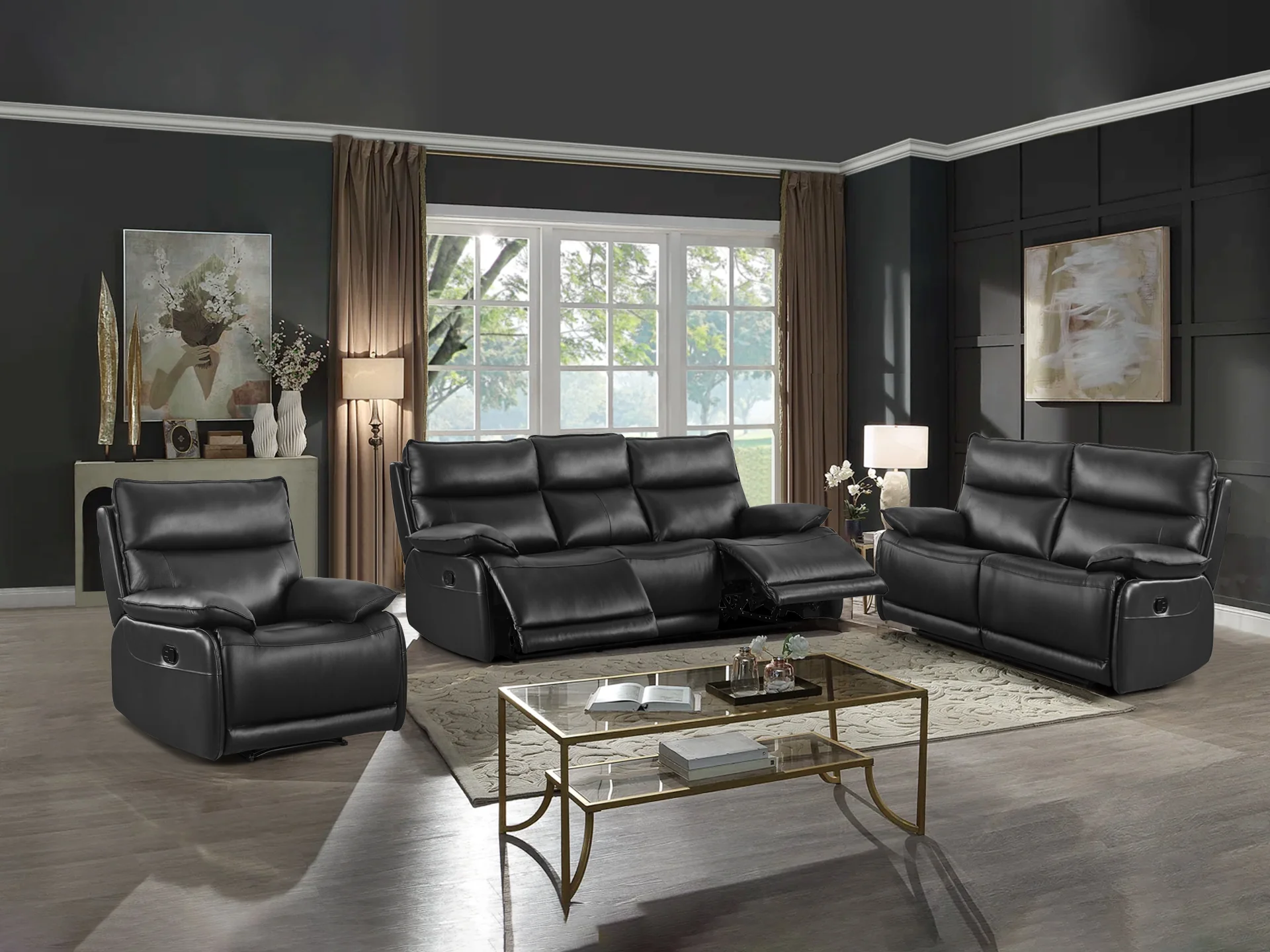Poroti Manual Full Leather Recliner Sofa Set - Black