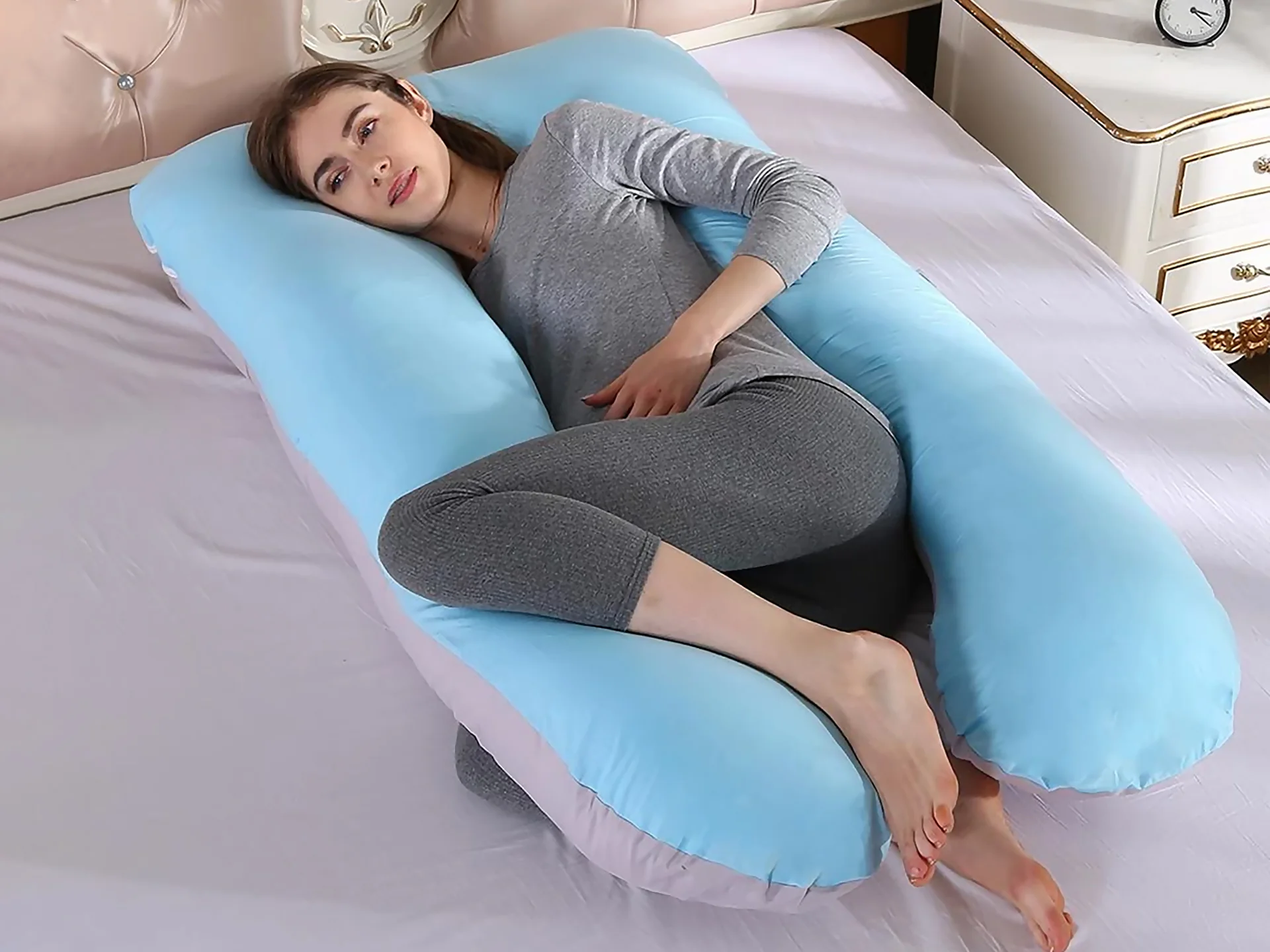 Pregnancy Maternity U-Shape Pillow - Blue + Grey - Image 2
