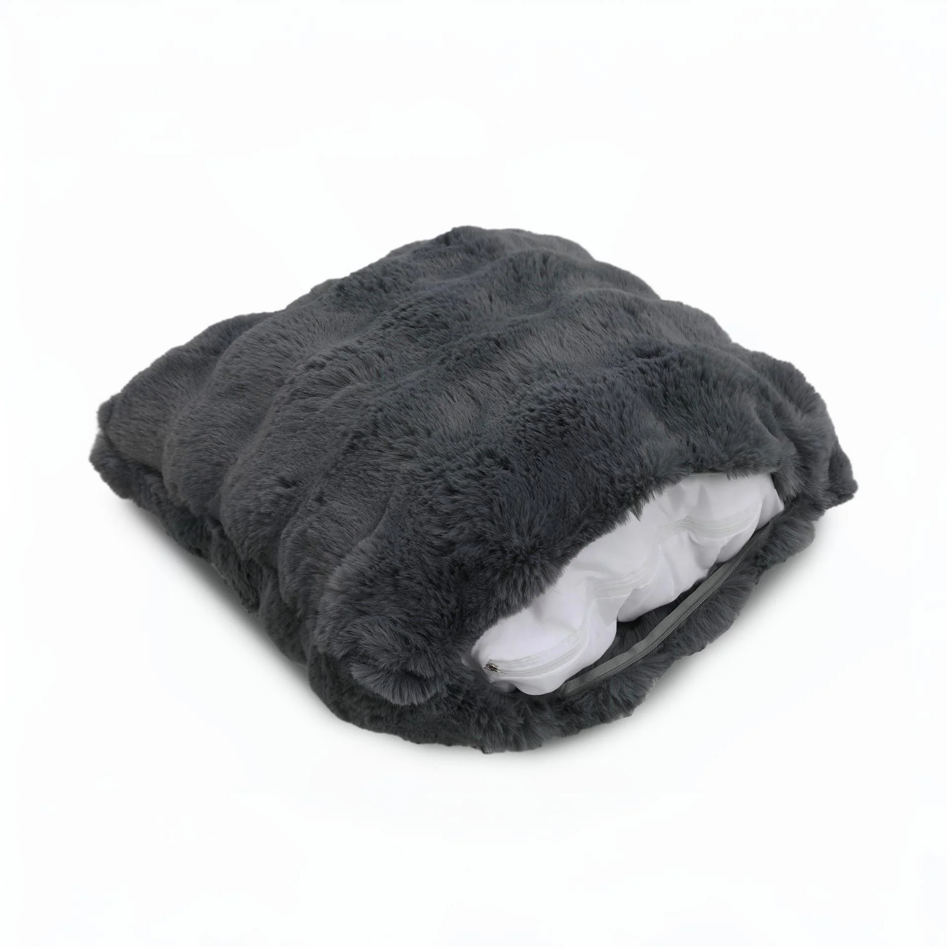 Premium Faux Rabbit Fur Cushion Kharki 45x45cm - Charcoal - Image 3
